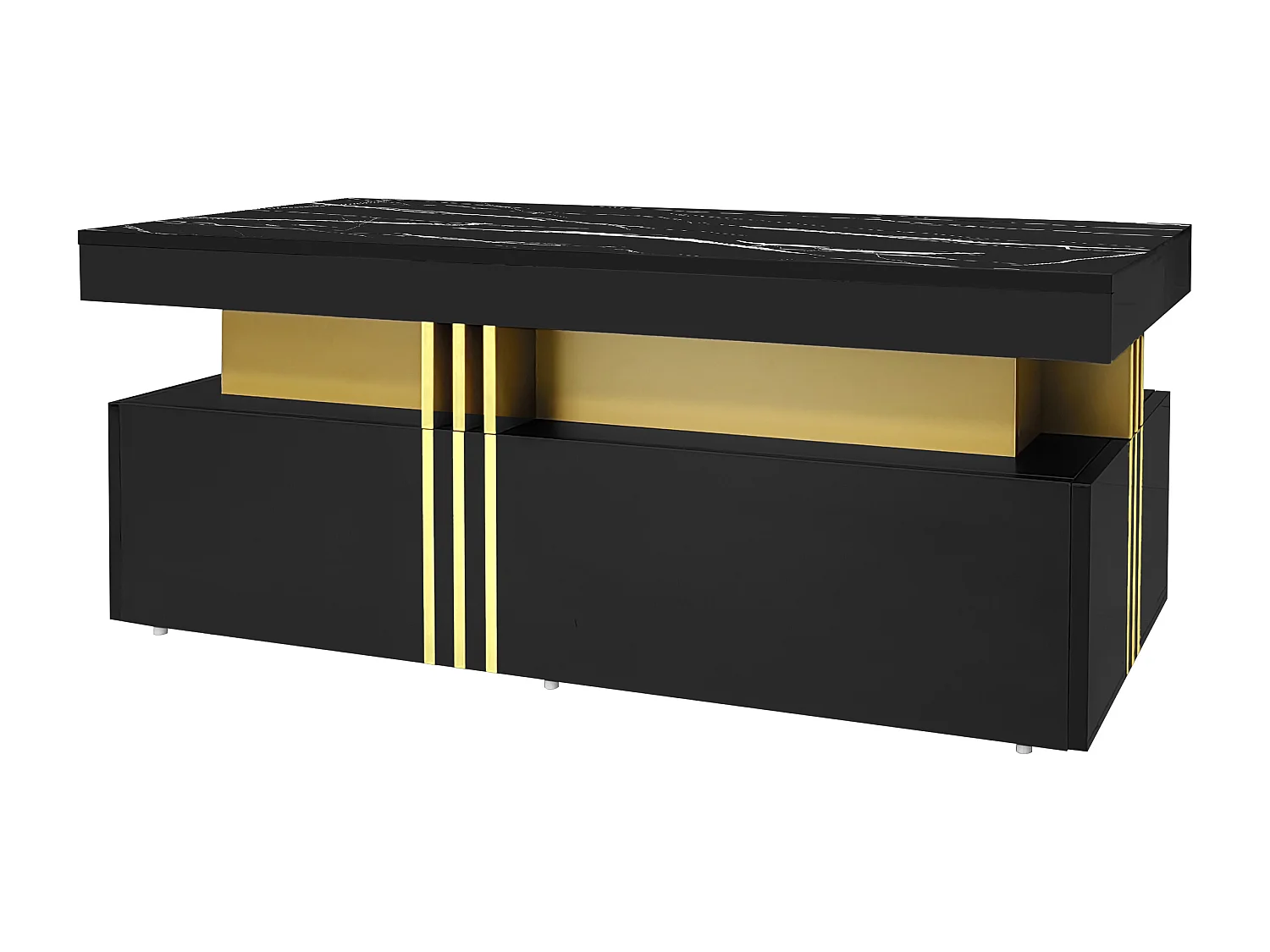 Table basse moderne avec 2 tiroirs en placage effet marbre noir, bordures latérales en métal doré