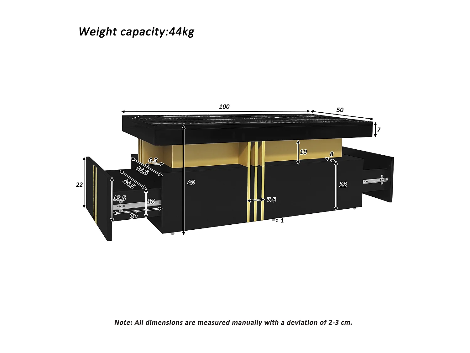 Table basse moderne avec 2 tiroirs en placage effet marbre noir, bordures latérales en métal doré