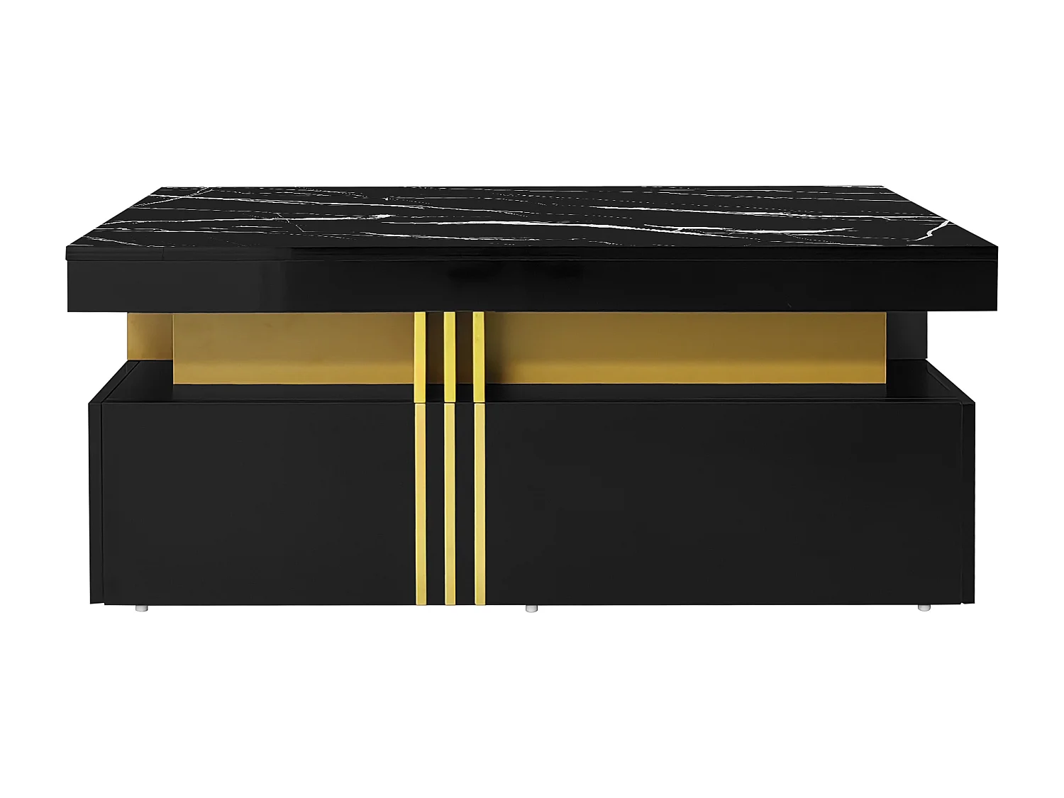 Table basse moderne avec 2 tiroirs en placage effet marbre noir, bordures latérales en métal doré