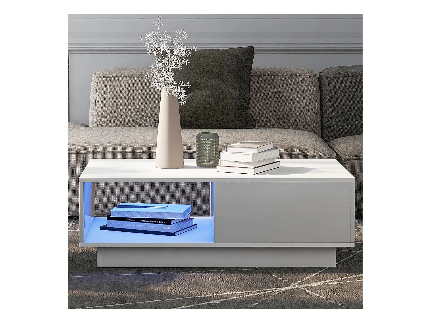 Table basse moderne avec tiroir et compartiments de rangement,LED, blanc laqué