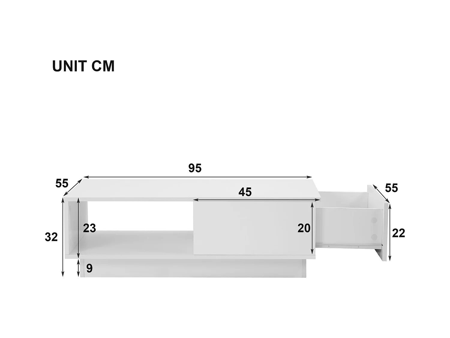 Table basse moderne avec tiroir et compartiments de rangement,LED, blanc laqué