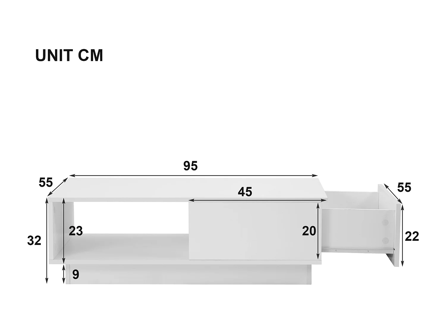 Table basse moderne avec tiroir et compartiments de rangement,LED, blanc laqué