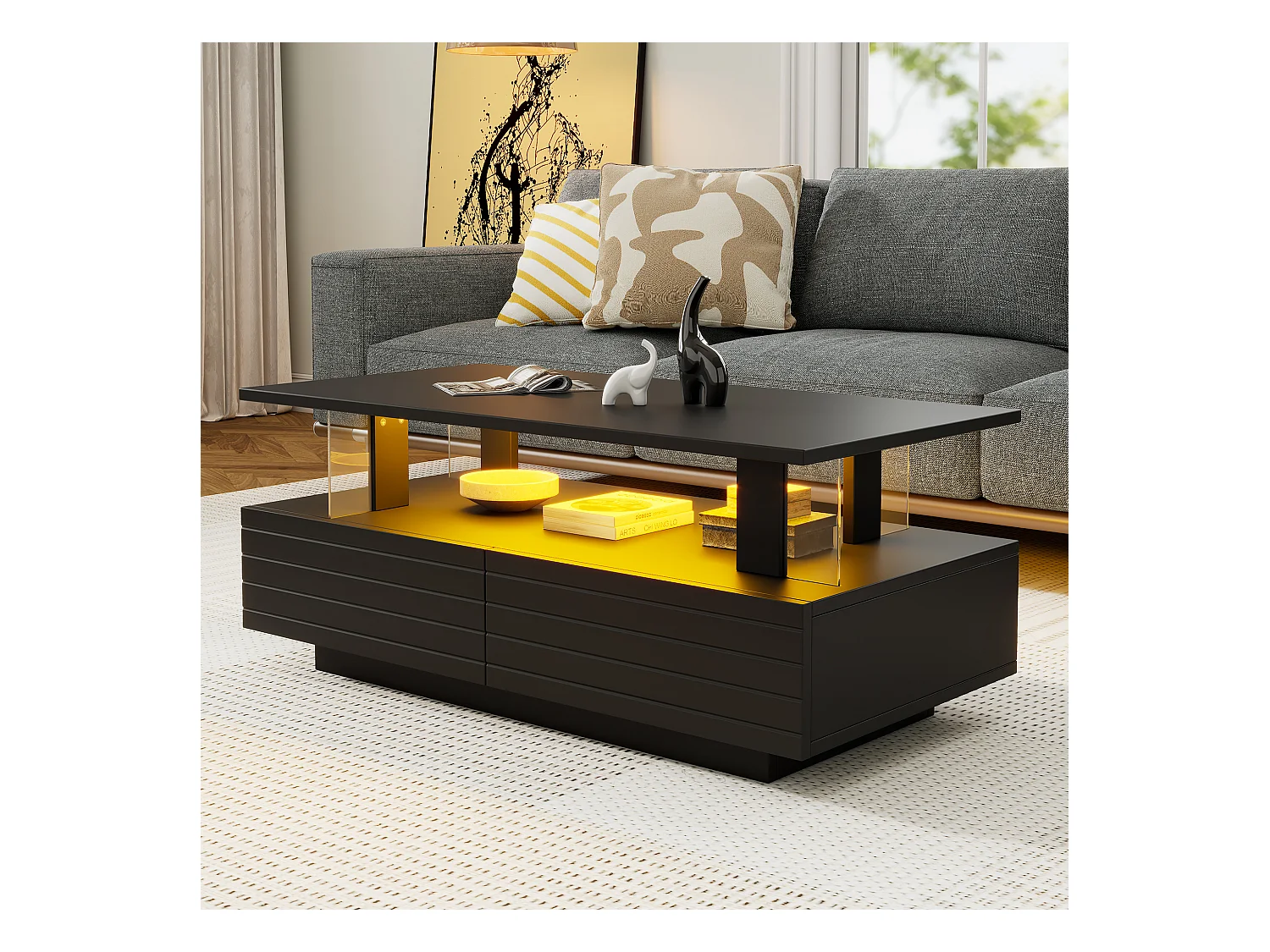 Table basse moderne avec 2 tiroirs en acrylique noir, structure double niveau