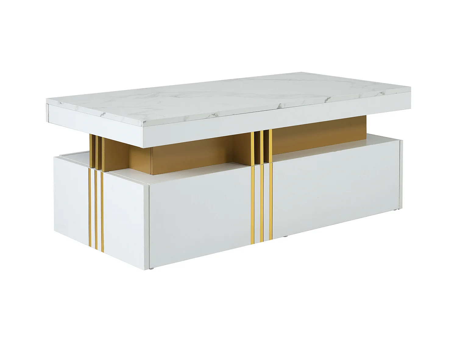 Table basse moderne avec 2 tiroirs en placage marbre blanc, bordures latérales en métal doré