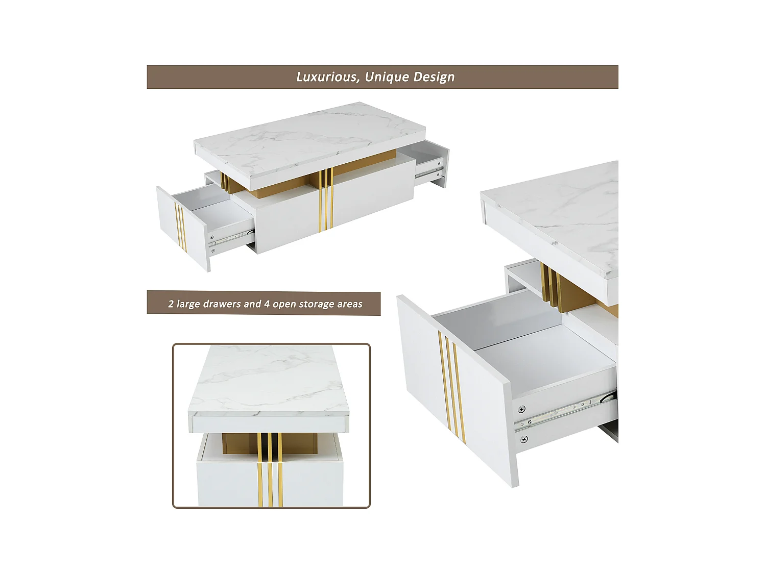 Table basse moderne avec 2 tiroirs en placage marbre blanc, bordures latérales en métal doré