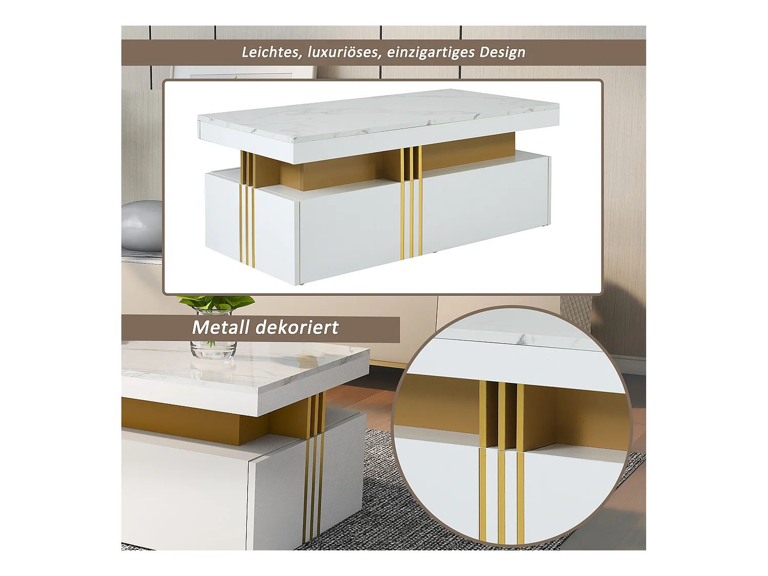 Table basse moderne avec 2 tiroirs en placage marbre blanc, bordures latérales en métal doré