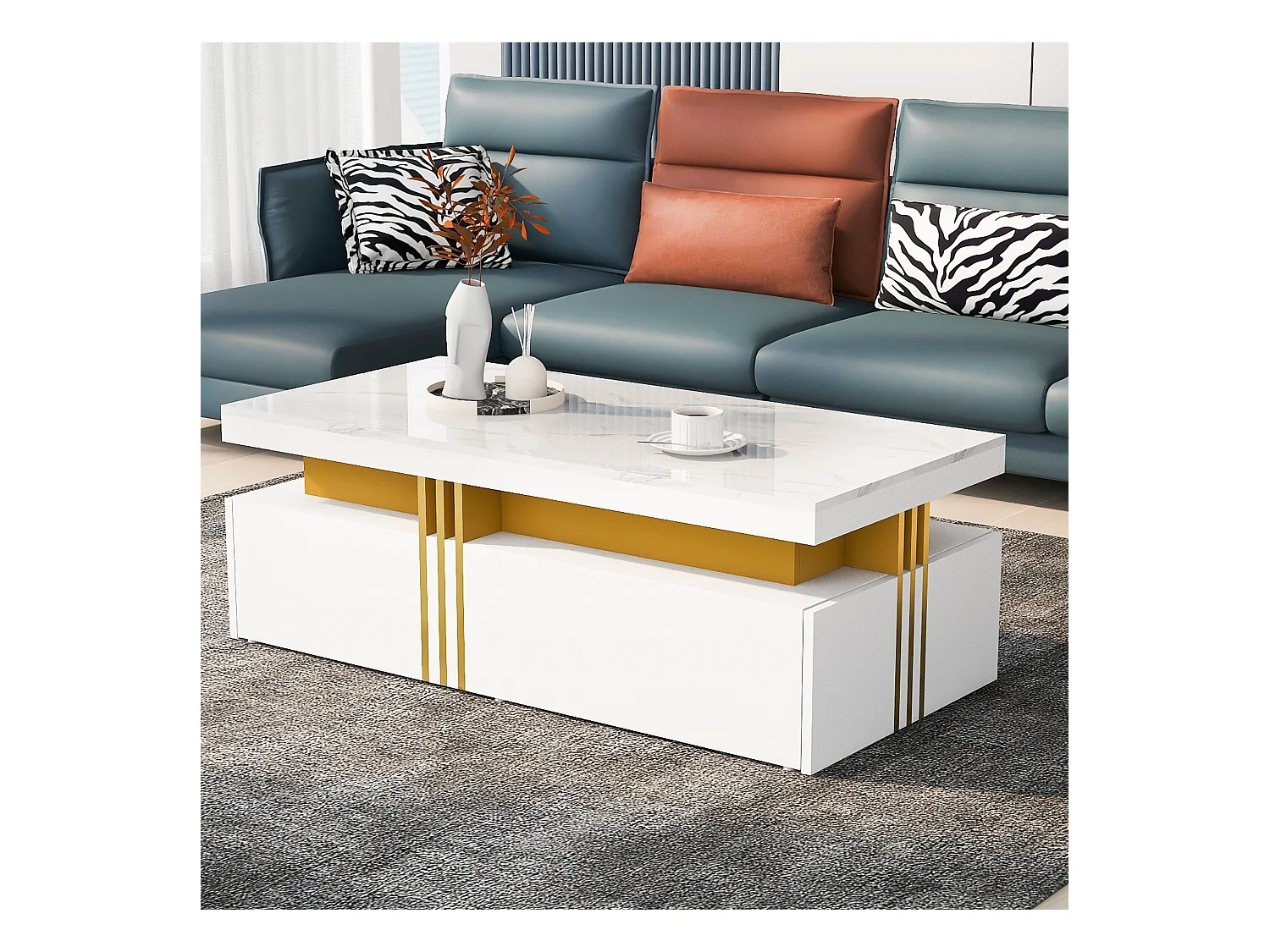 Mesa de centro moderna con 2 cajones en chapa de mármol blanco, cantos laterales de metal dorado.