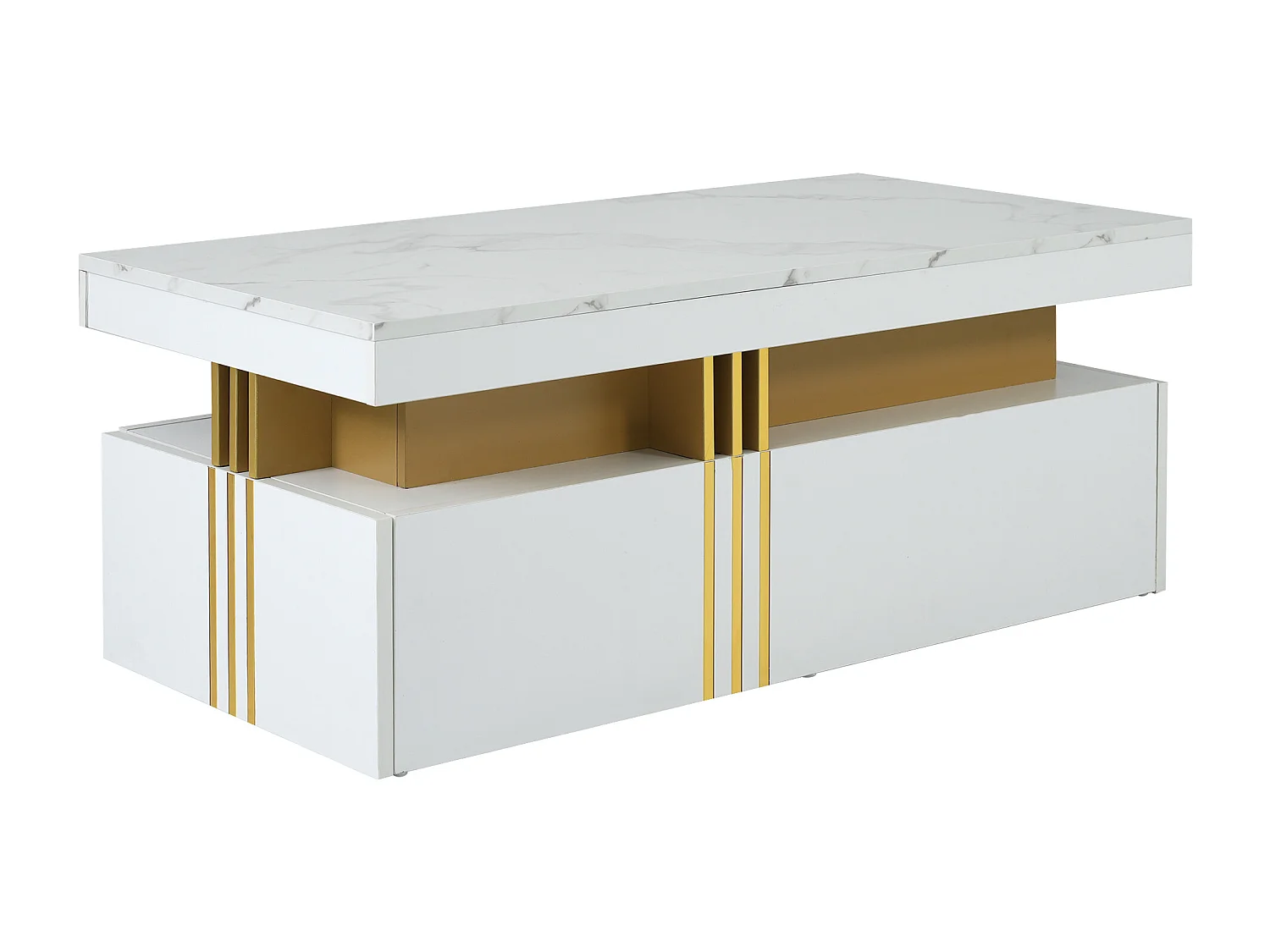 Table basse moderne avec 2 tiroirs en placage effet marbre blanc, bordures latérales en métal doré
