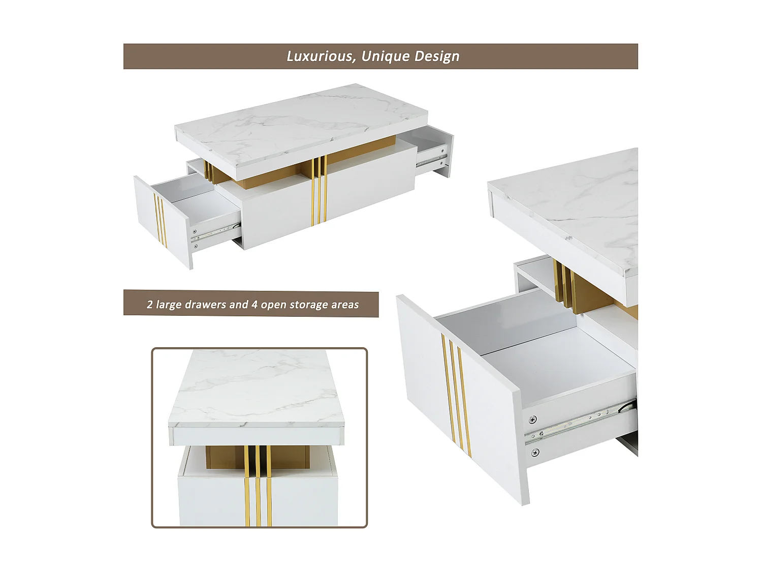 Table basse moderne avec 2 tiroirs en placage effet marbre blanc, bordures latérales en métal doré