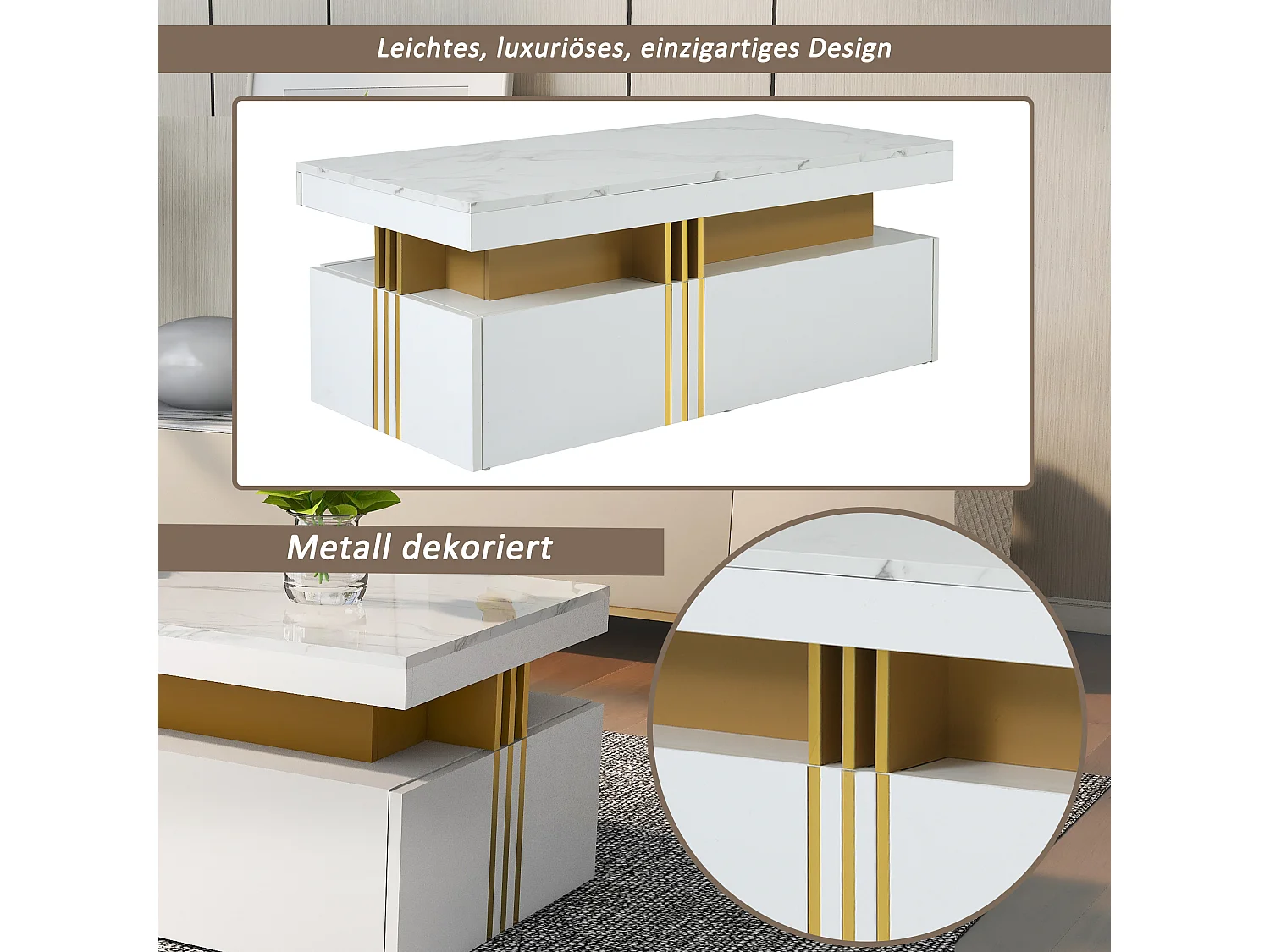 Table basse moderne avec 2 tiroirs en placage effet marbre blanc, bordures latérales en métal doré