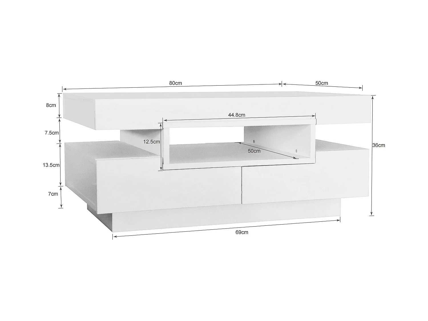 Table basse avec 3 compartiments ouverts et 4 tiroirs, surface laqué blanc