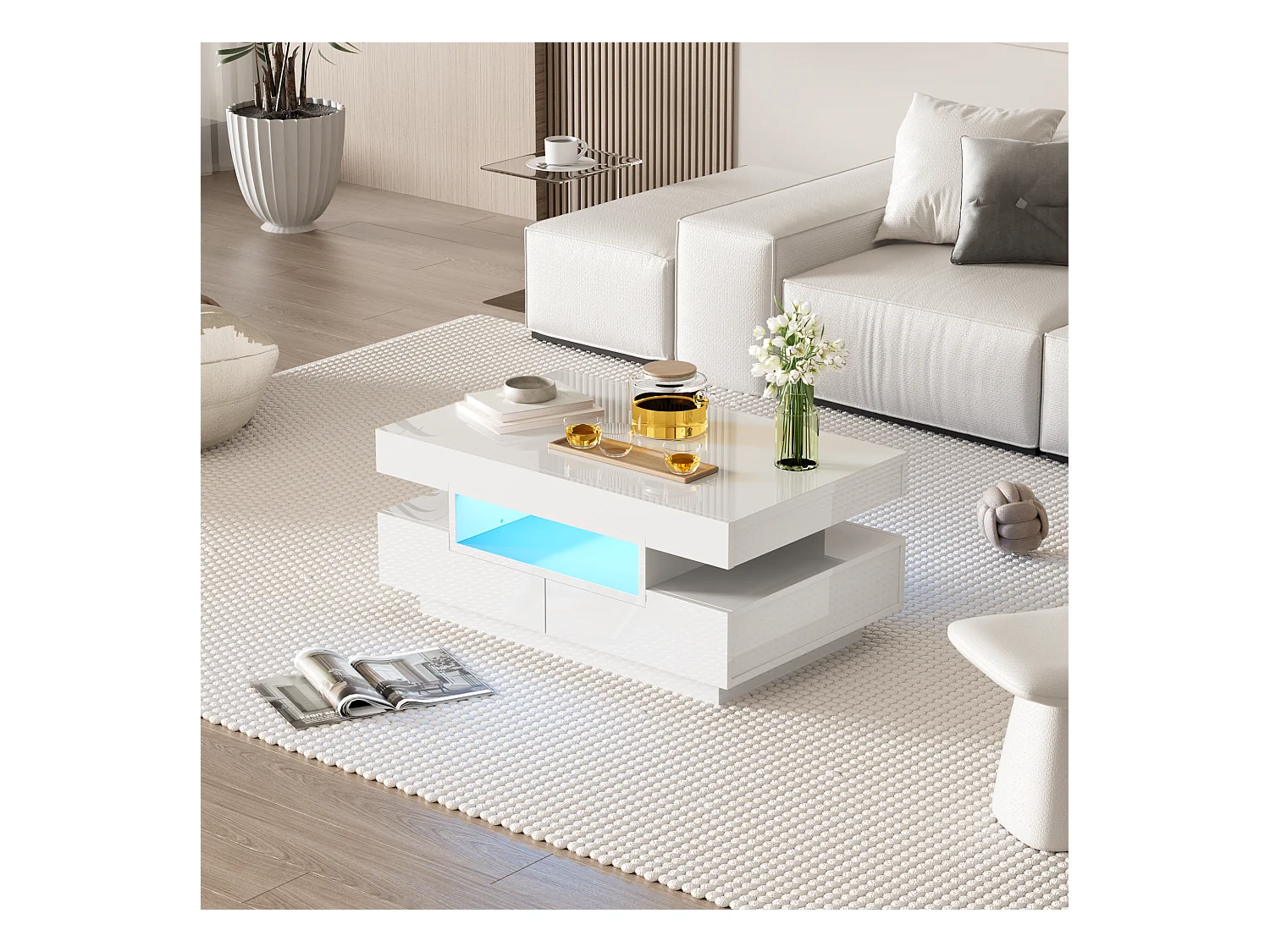 Table basse avec 3 compartiments ouverts et 4 tiroirs, surface laqué blanc