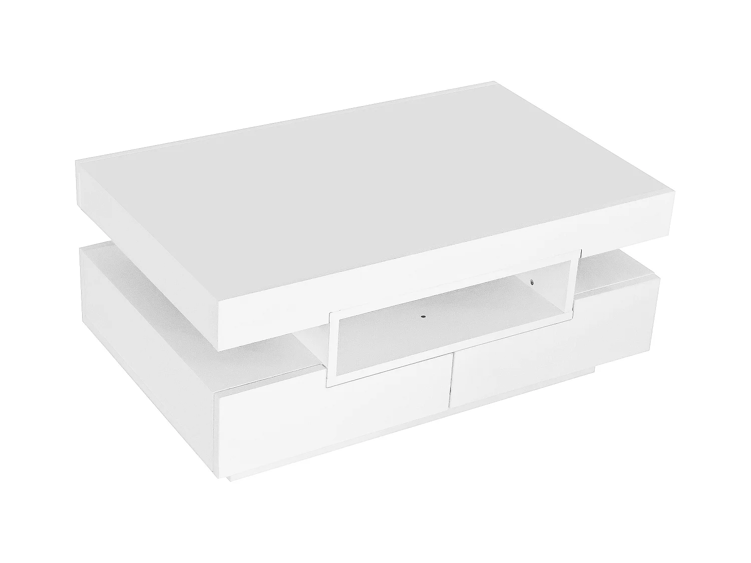 Table basse avec 3 compartiments ouverts et 4 tiroirs, surface laqué blanc