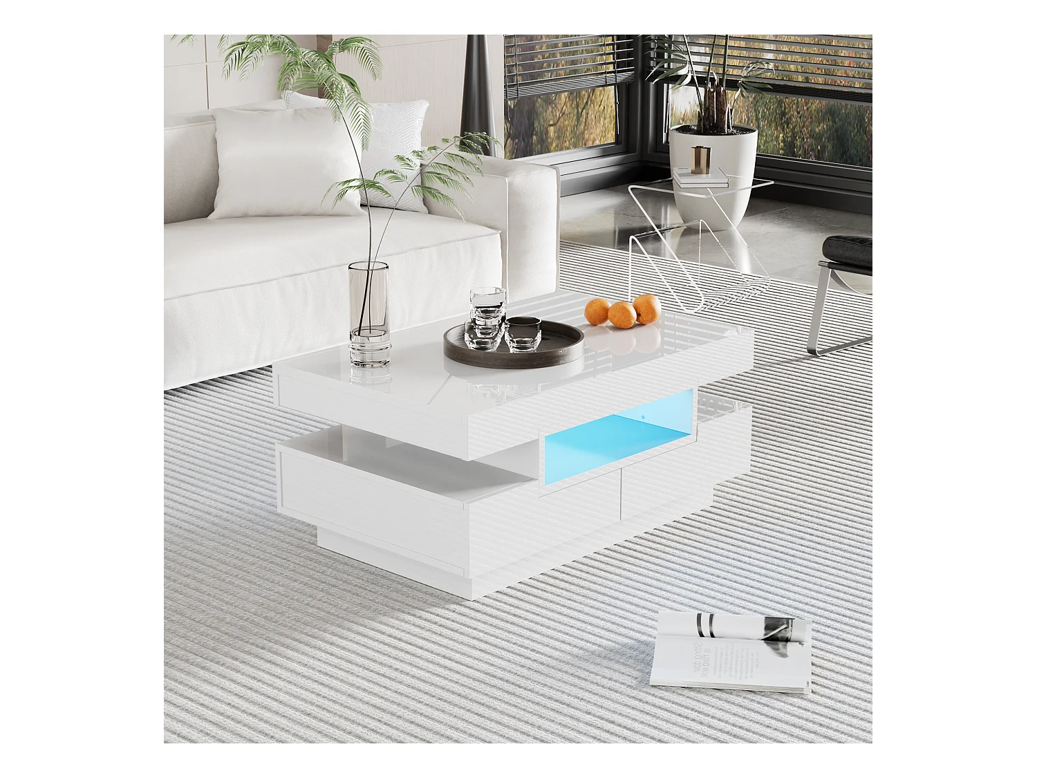 Table basse avec 3 compartiments ouverts et 4 tiroirs, surface laqué blanc