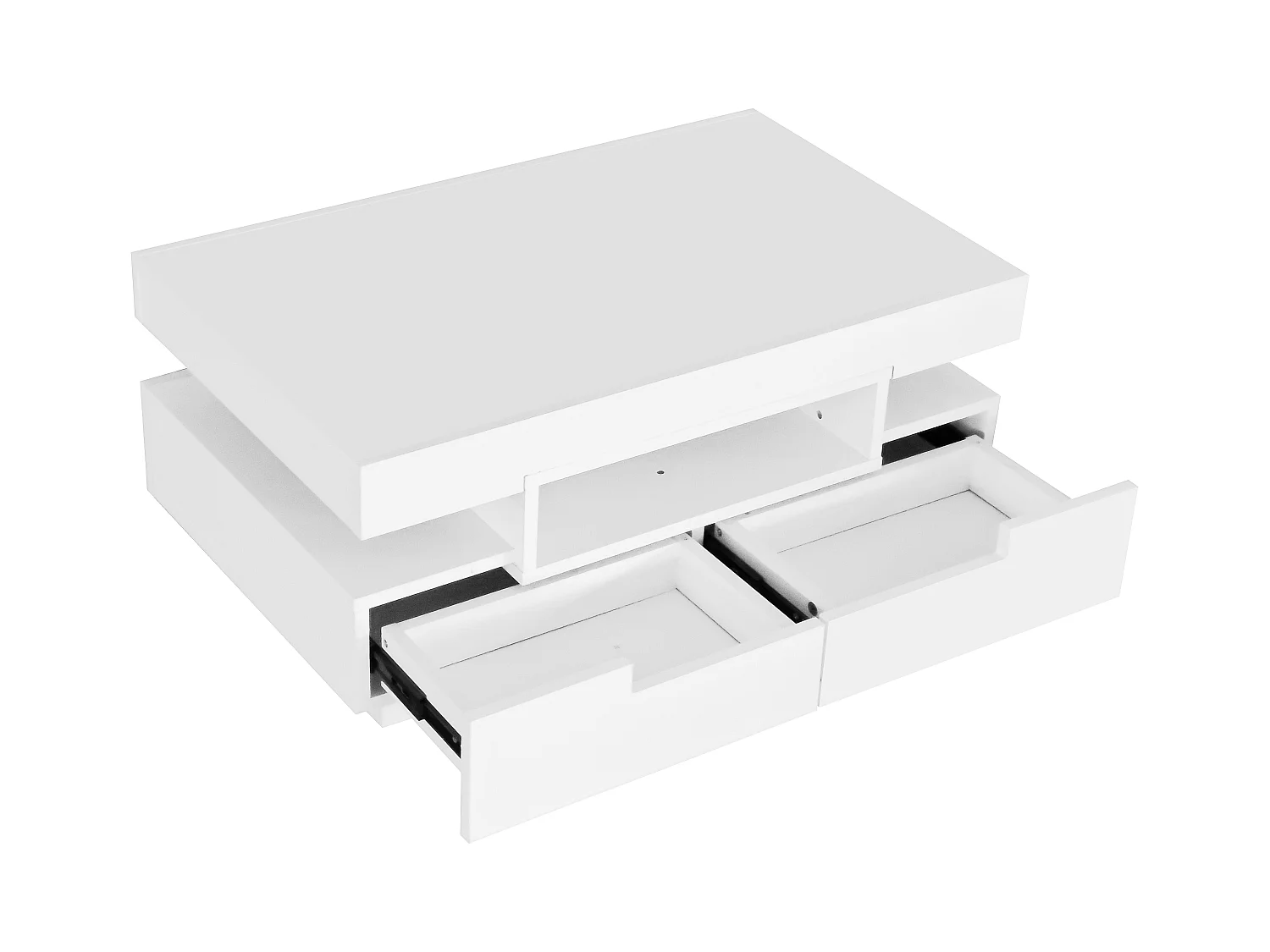 Table basse avec 3 compartiments ouverts et 4 tiroirs, surface laqué blanc