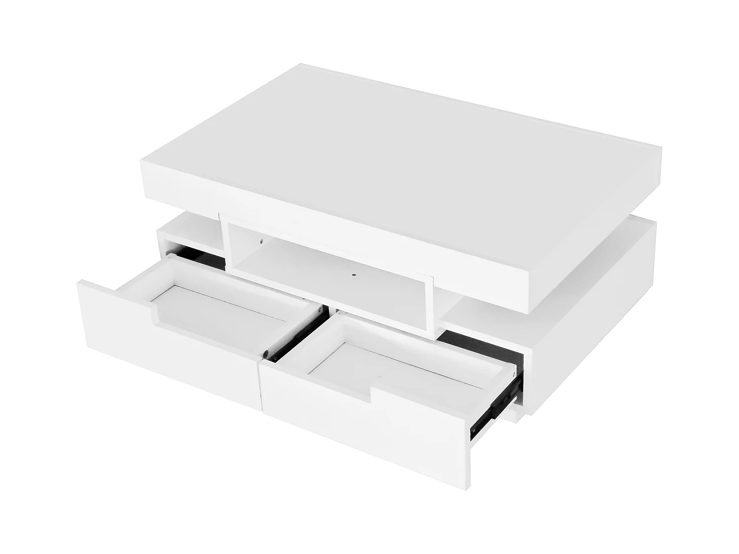 Table basse avec 3 compartiments ouverts et 4 tiroirs, surface laqué blanc