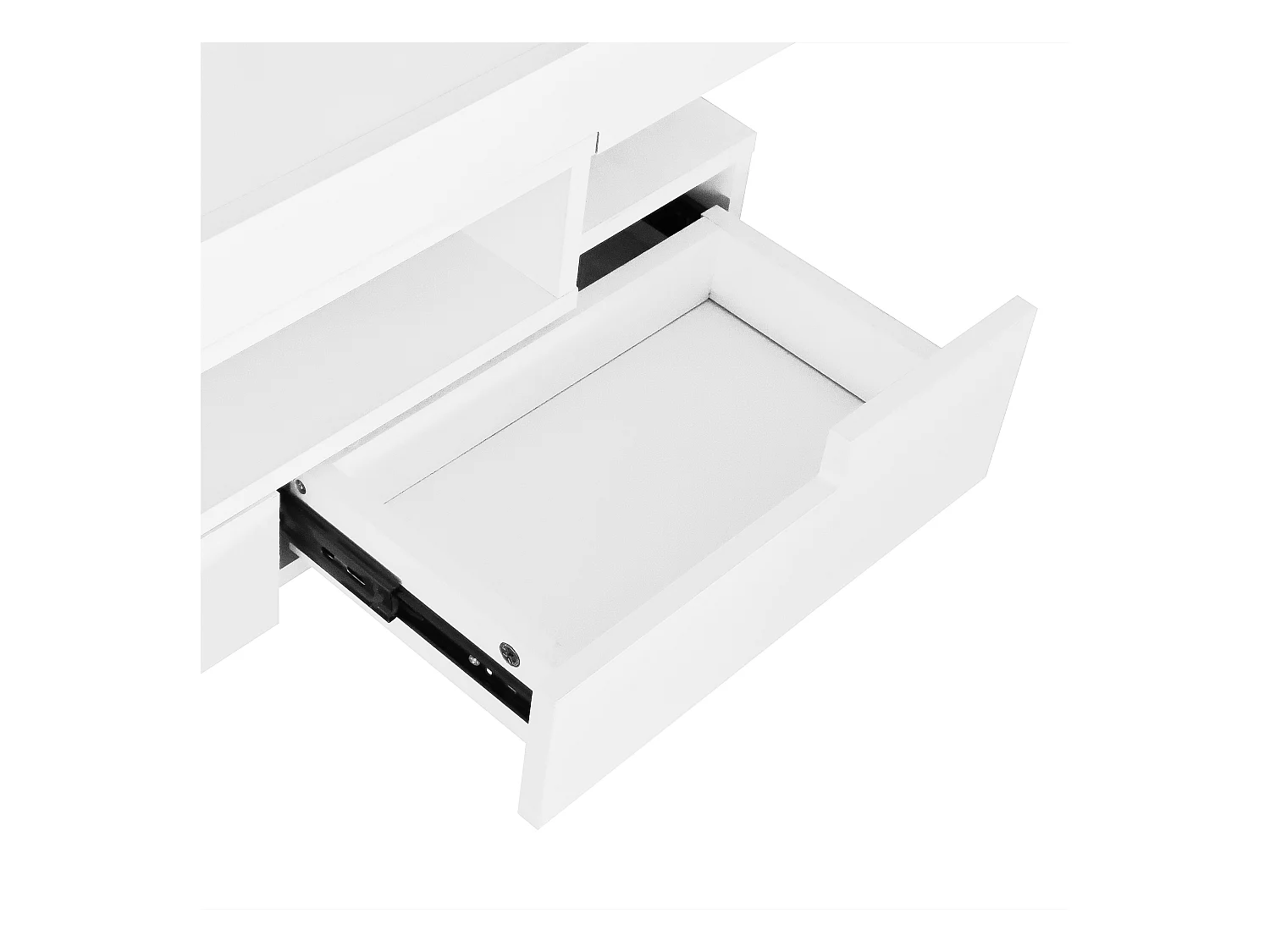 Table basse avec 3 compartiments ouverts et 4 tiroirs, surface laqué blanc