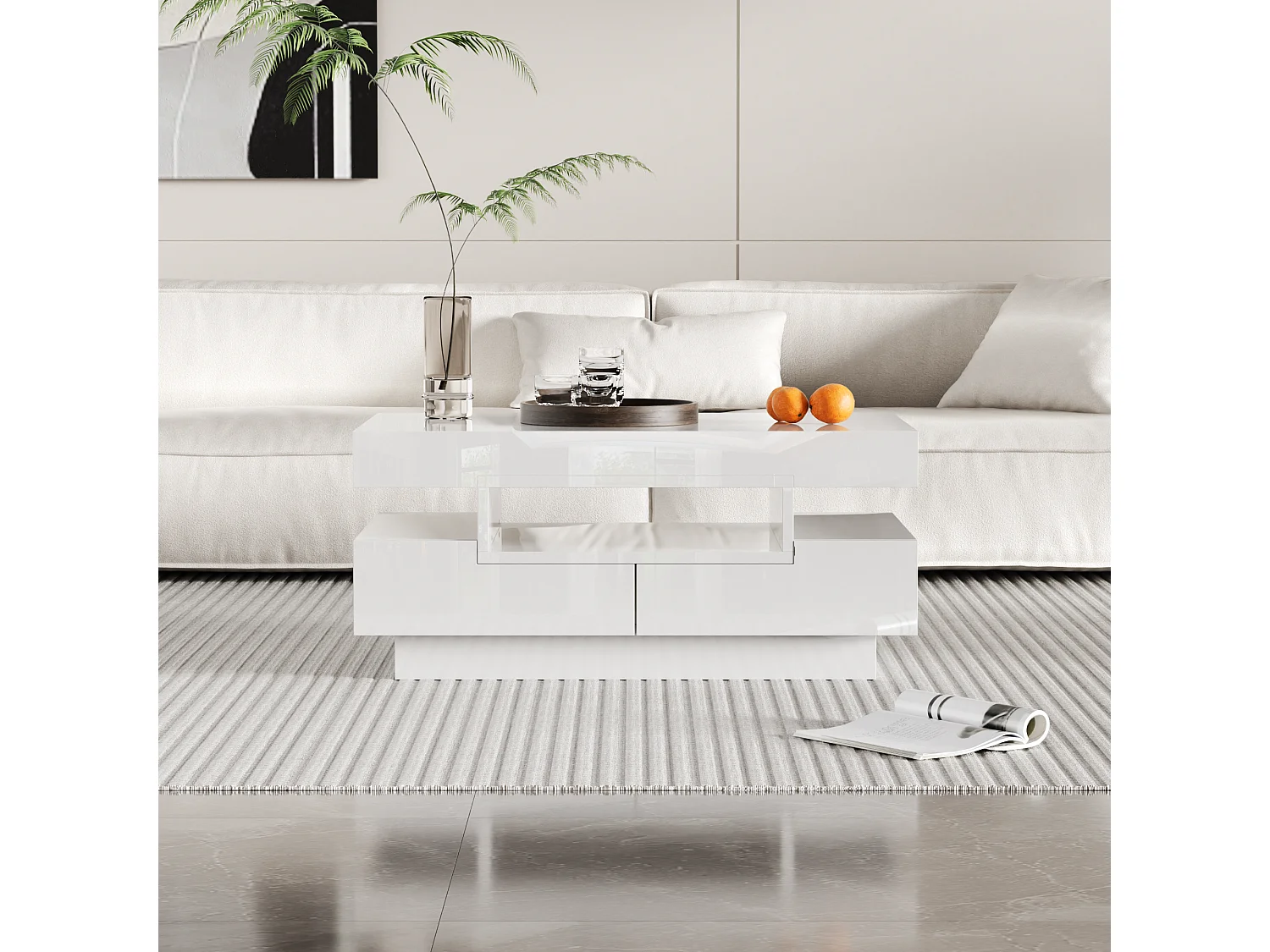 Table basse avec 3 compartiments ouverts et 4 tiroirs, surface laqué blanc