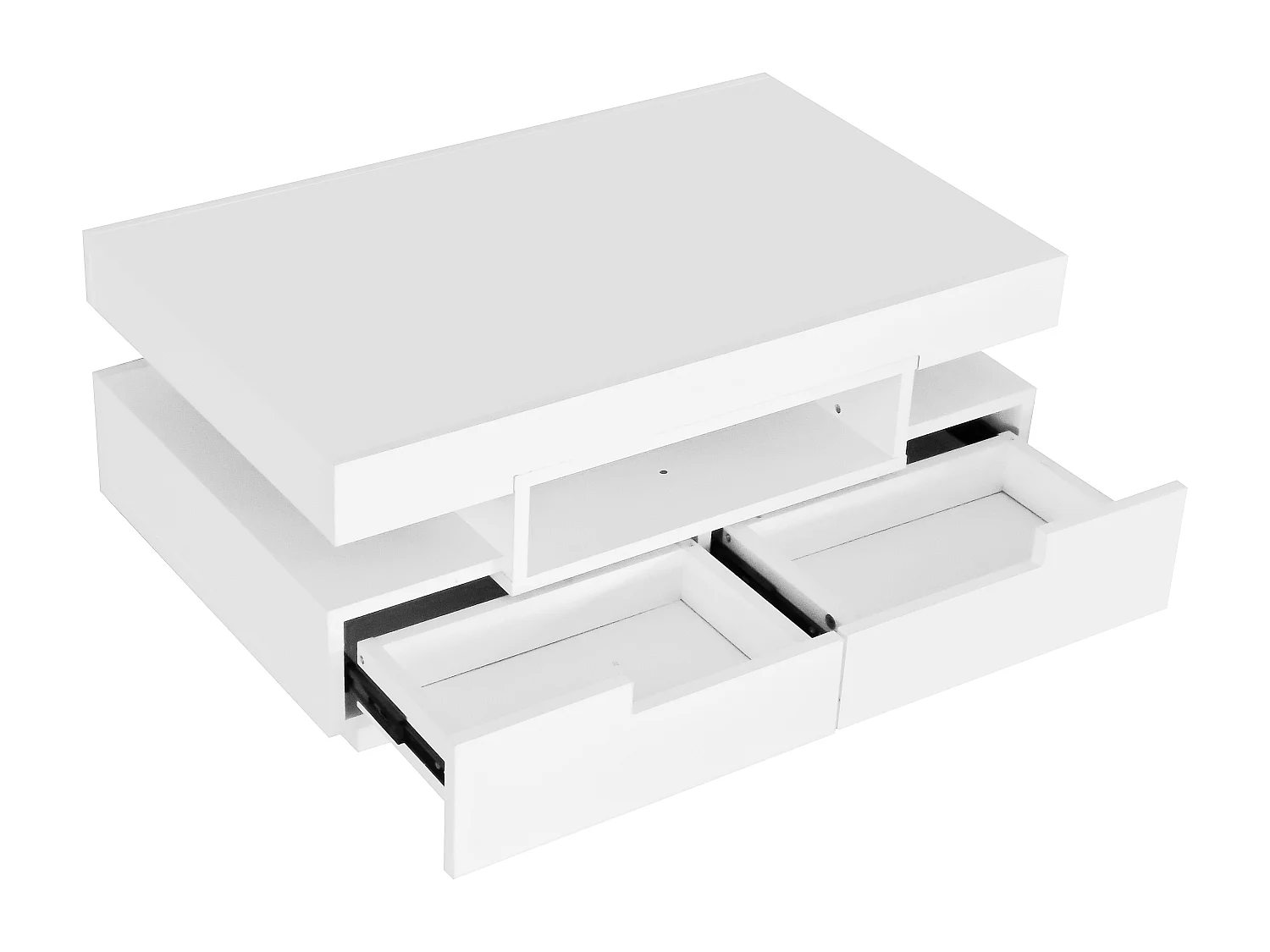 Table basse avec 3 compartiments ouverts et 4 tiroirs, surface laqué blanc