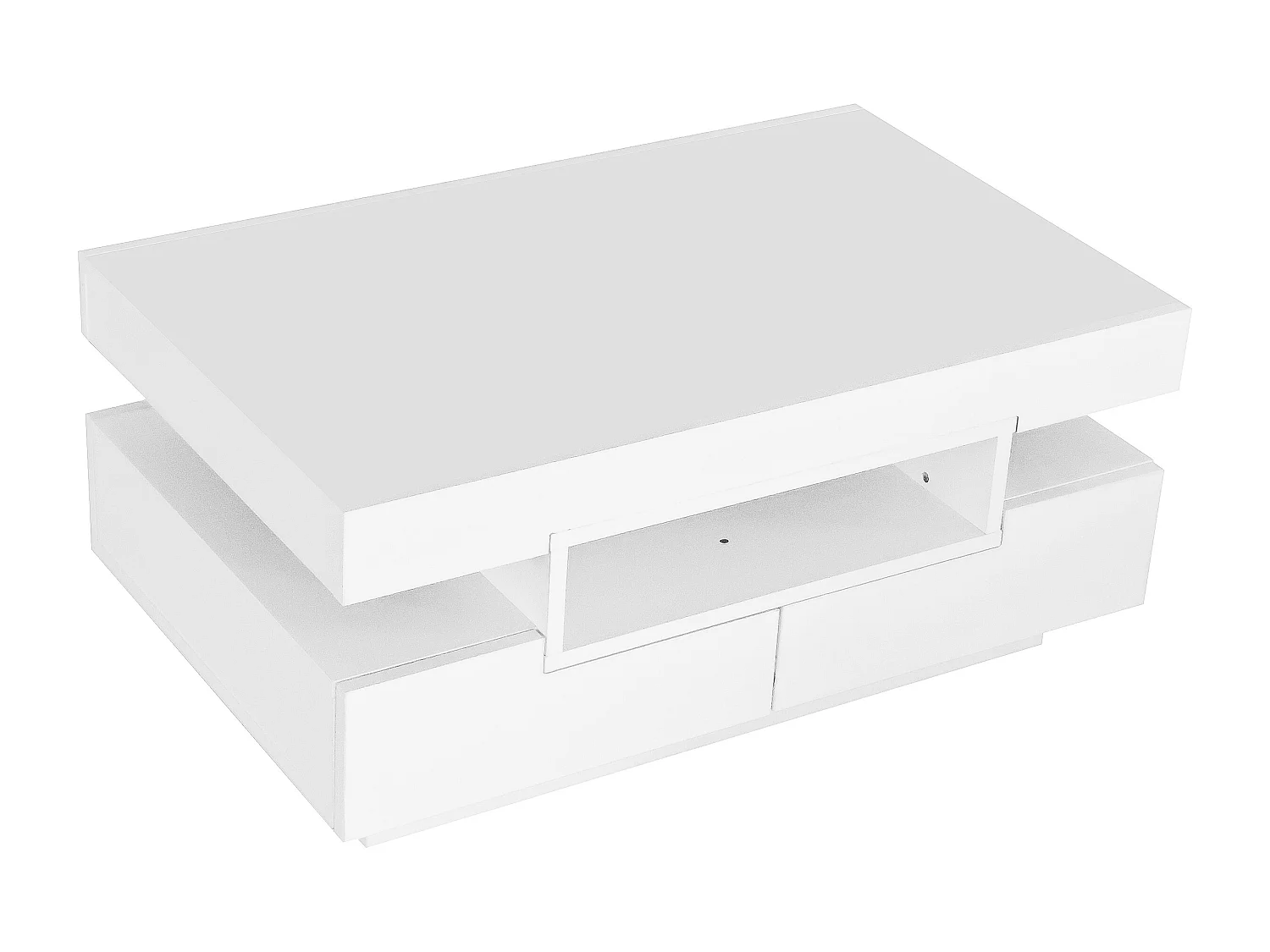 Table basse avec 3 compartiments ouverts et 4 tiroirs, surface laqué blanc