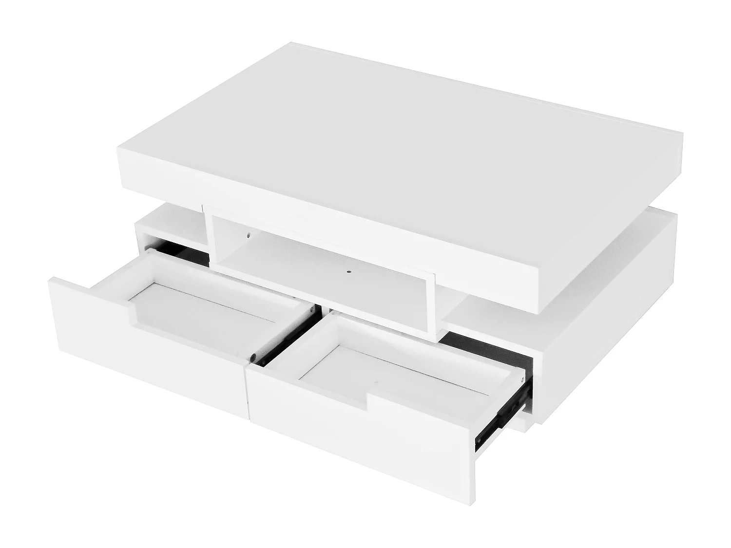 Table basse avec 3 compartiments ouverts et 4 tiroirs, surface laqué blanc