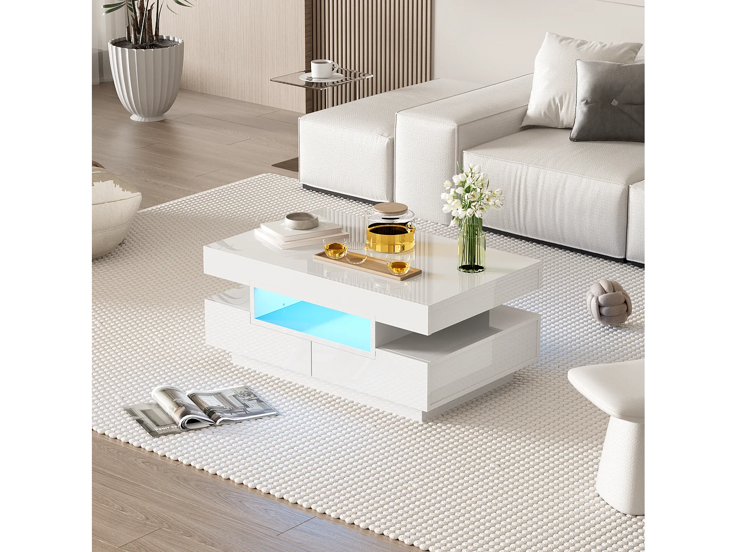 Table basse avec 3 compartiments ouverts et 4 tiroirs, surface laqué blanc