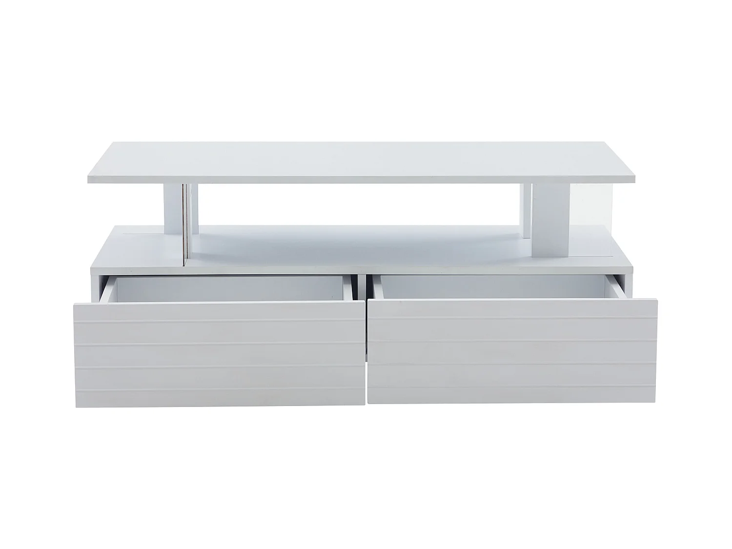 Mesa de centro moderna com 2 gavetas em acrílico branco, estrutura de dois níveis
