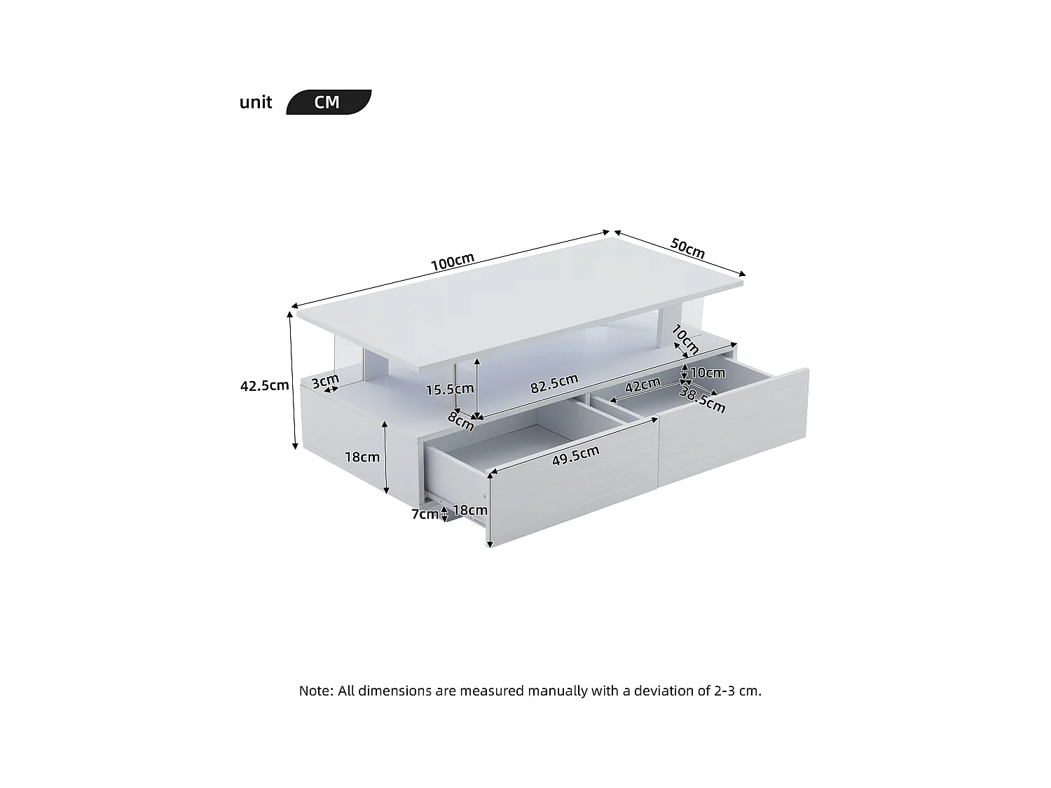 Mesa de centro moderna com 2 gavetas em acrílico branco, estrutura de dois níveis
