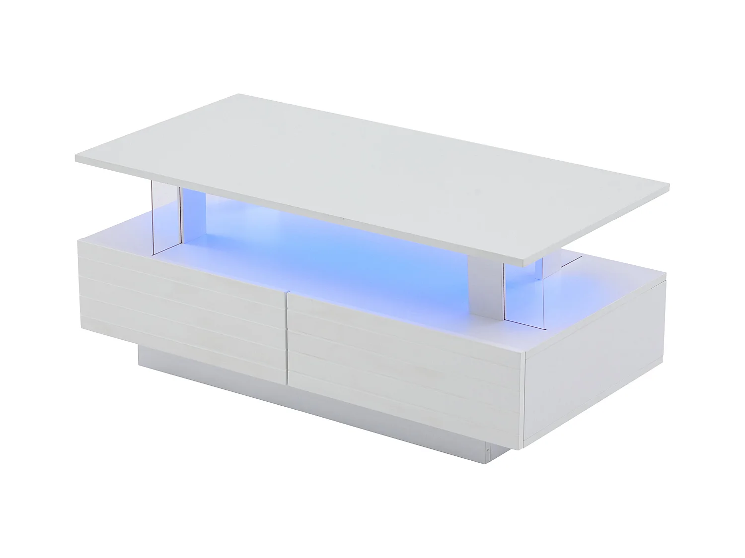 Mesa de centro moderna com 2 gavetas em acrílico branco, estrutura de dois níveis