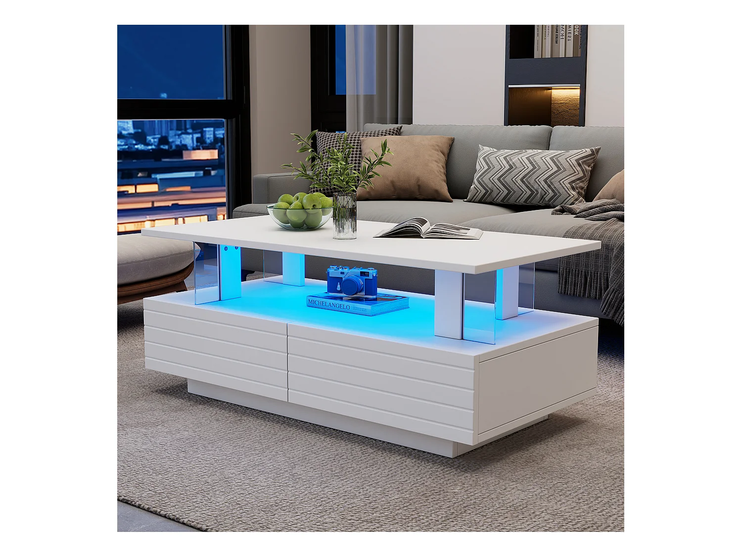 Mesa de centro moderna com 2 gavetas em acrílico branco, estrutura de dois níveis