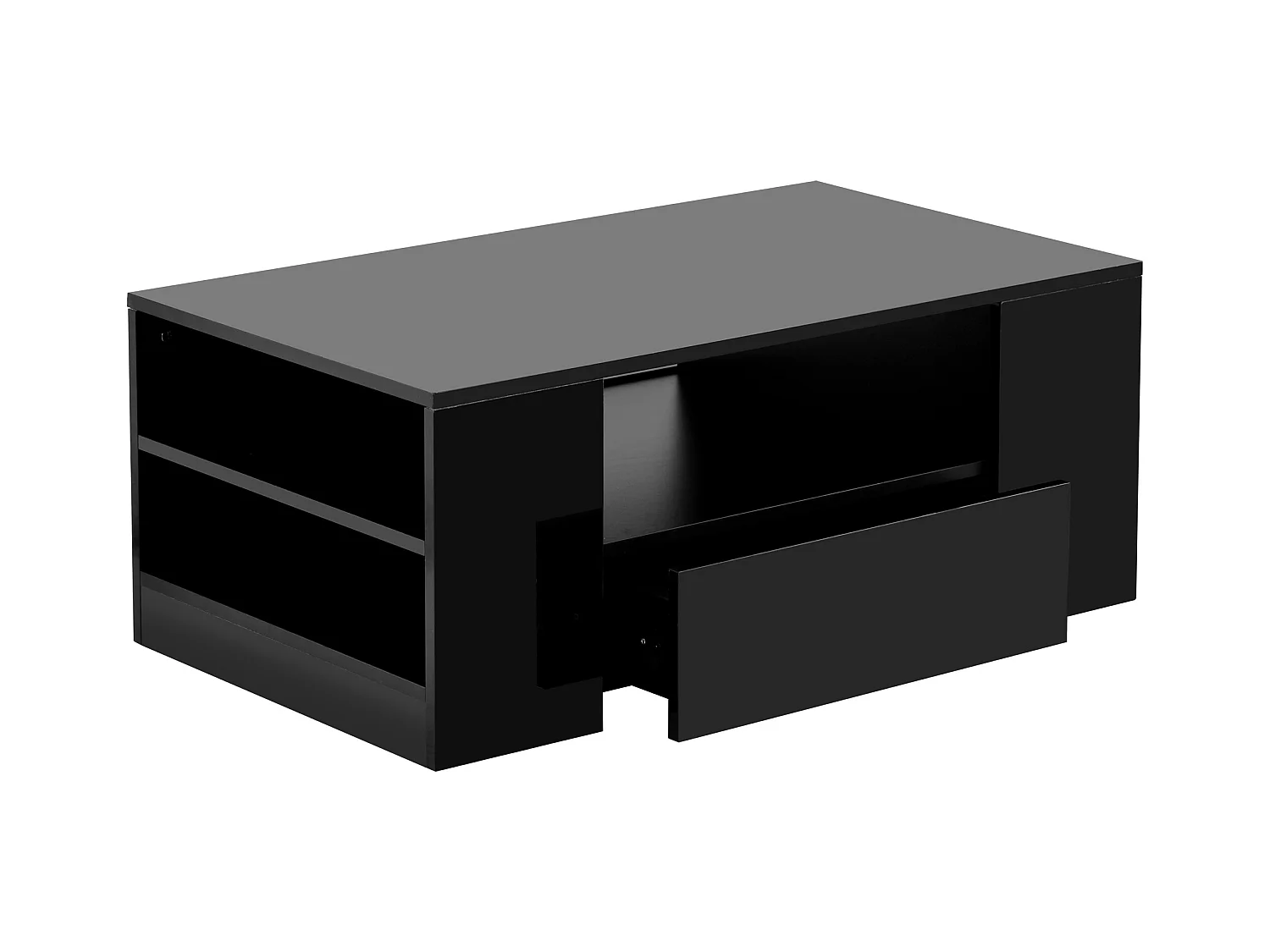 Table basse moderne avec tiroirs et étagères, LED, Noir laqué