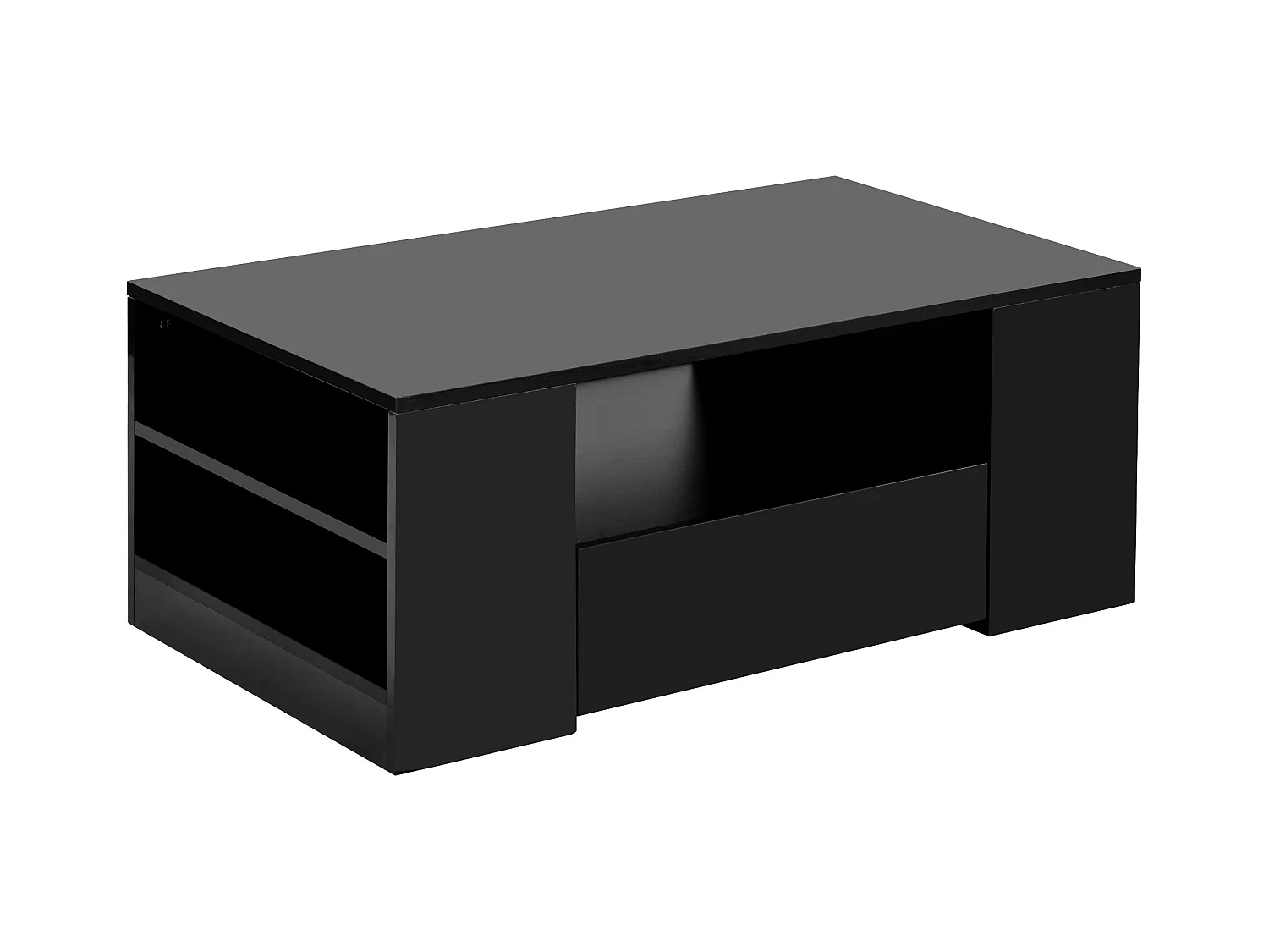 Table basse moderne avec tiroirs et étagères, LED, Noir laqué