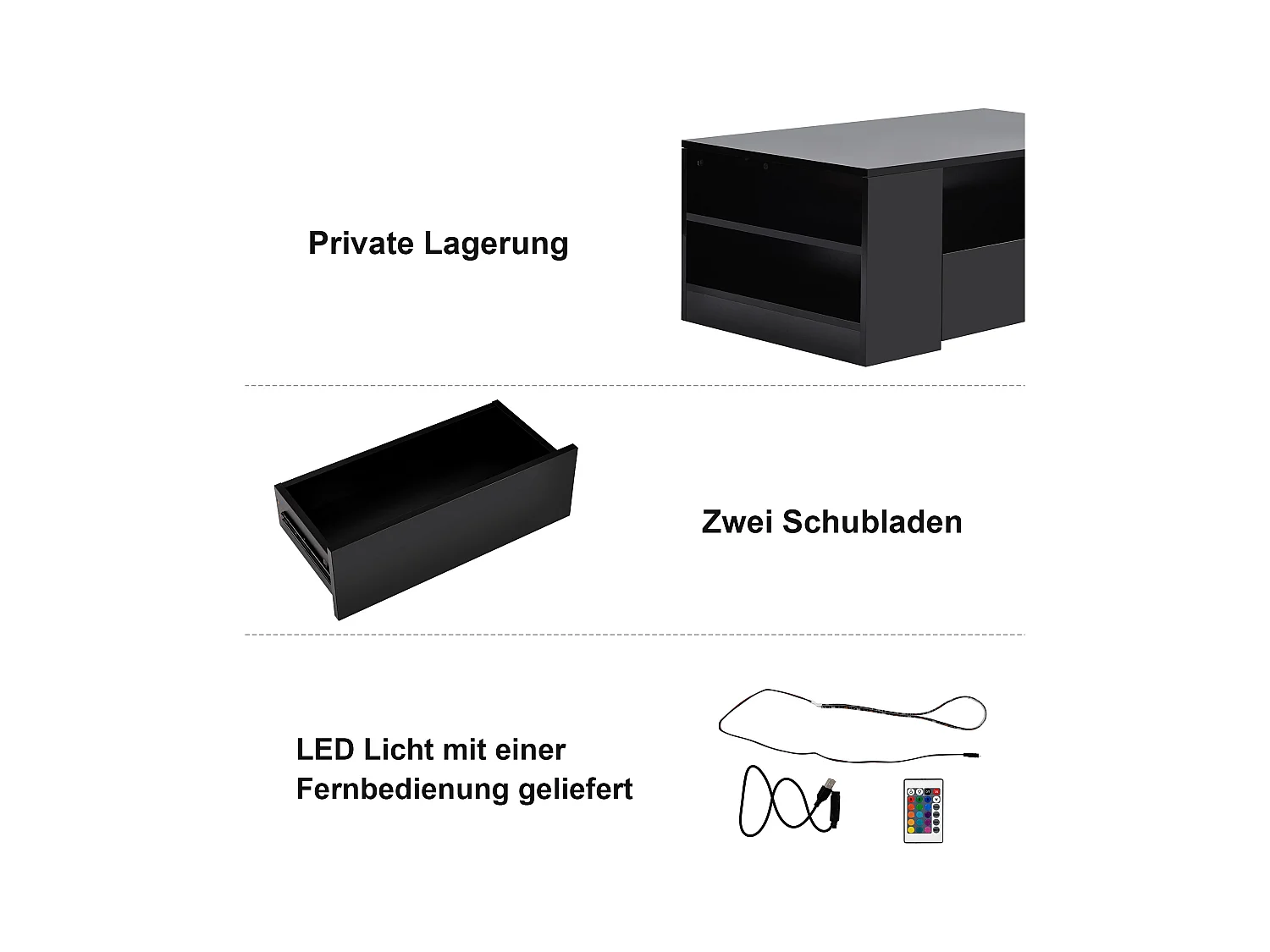 Table basse moderne avec tiroirs et étagères, LED, Noir laqué