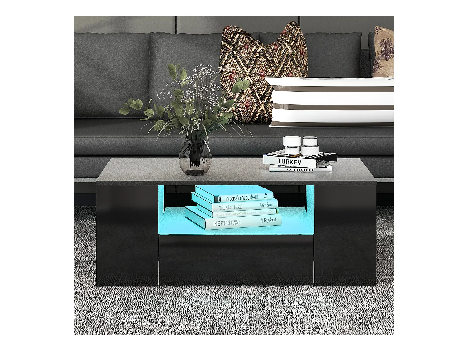 Mesa de centro moderna con cajones y estantes, LED, lacada en negro