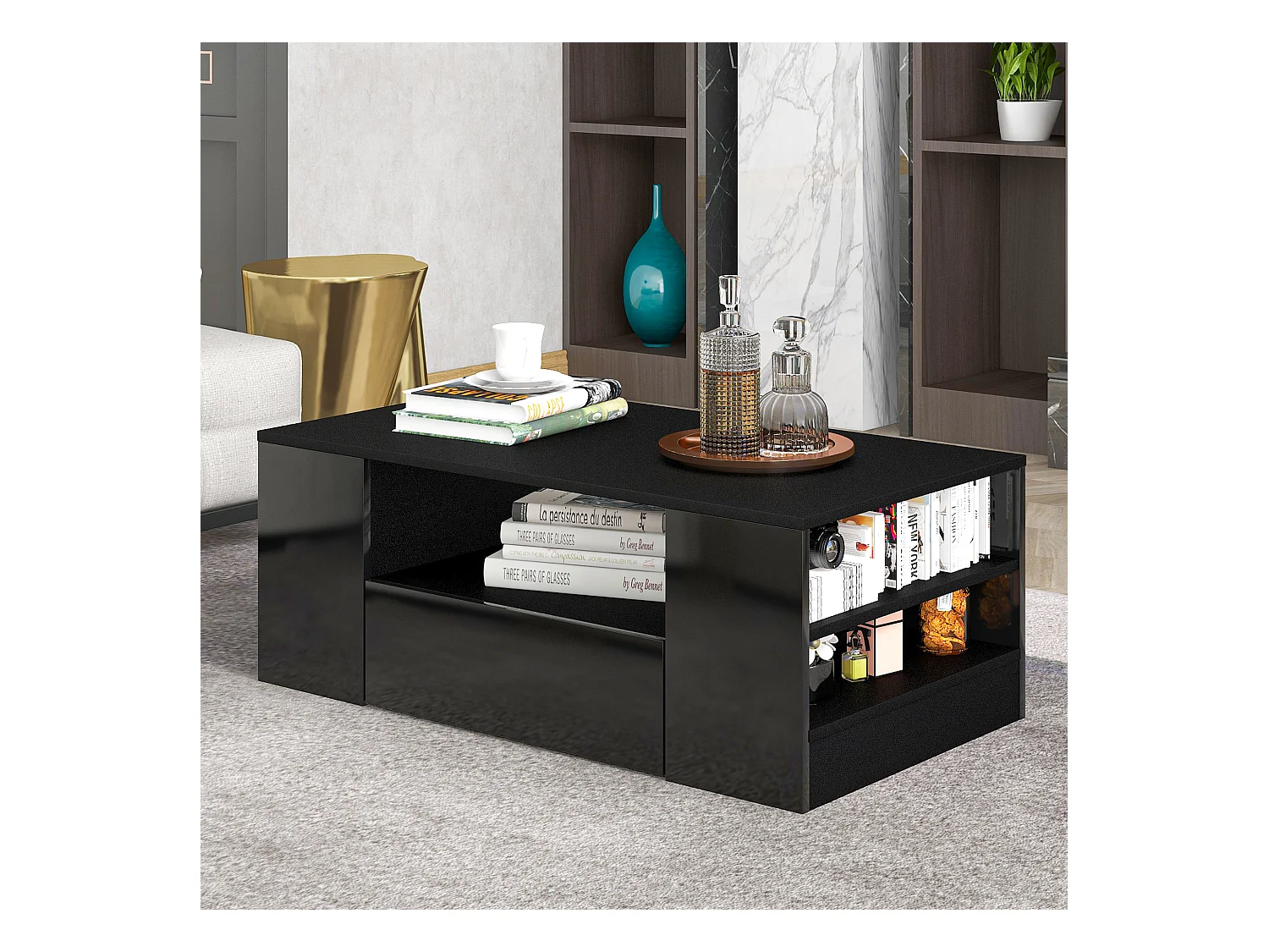 Table basse moderne avec tiroirs et étagères, LED, Noir laqué