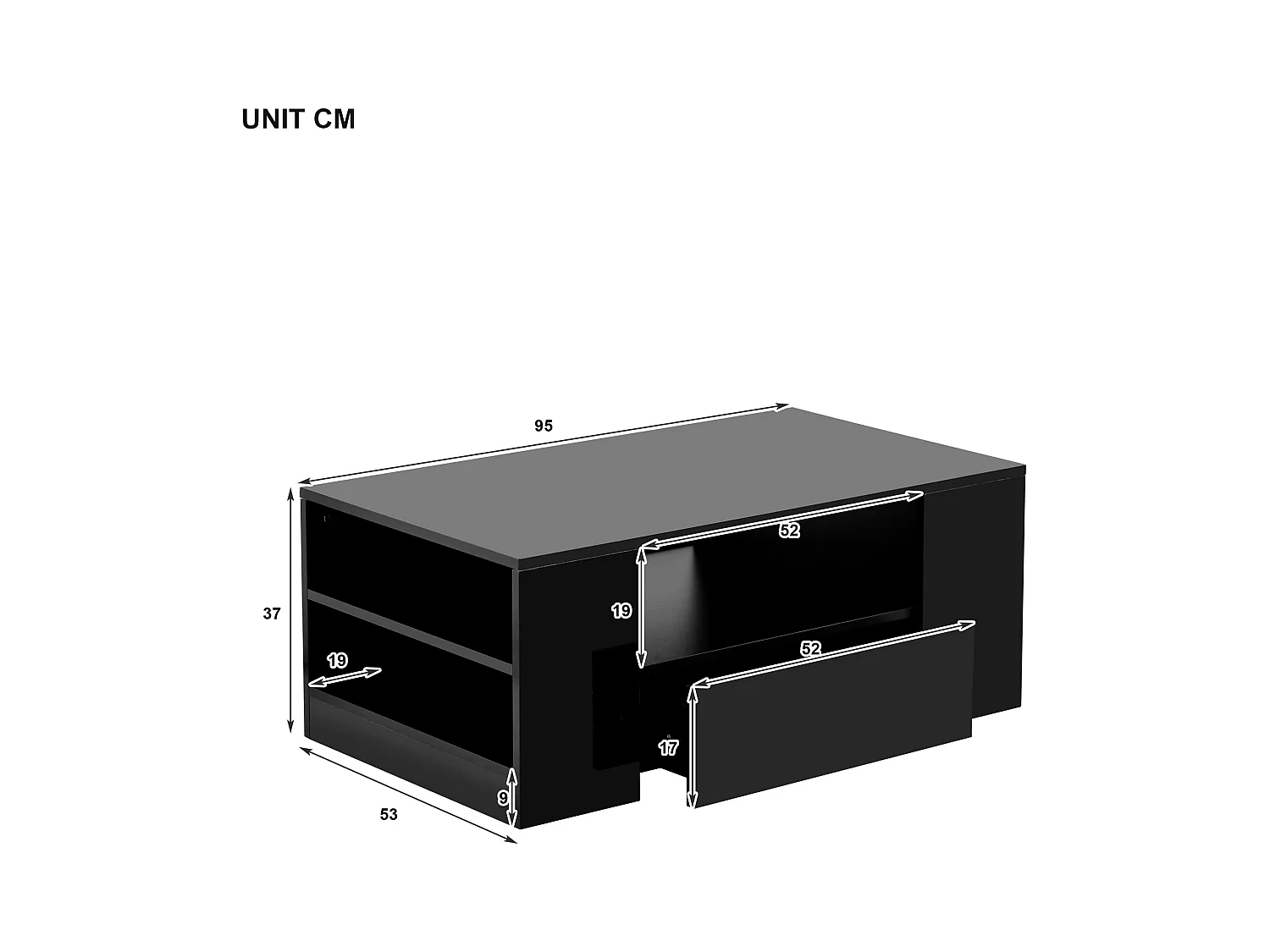Table basse moderne avec tiroirs et étagères, LED, Noir laqué