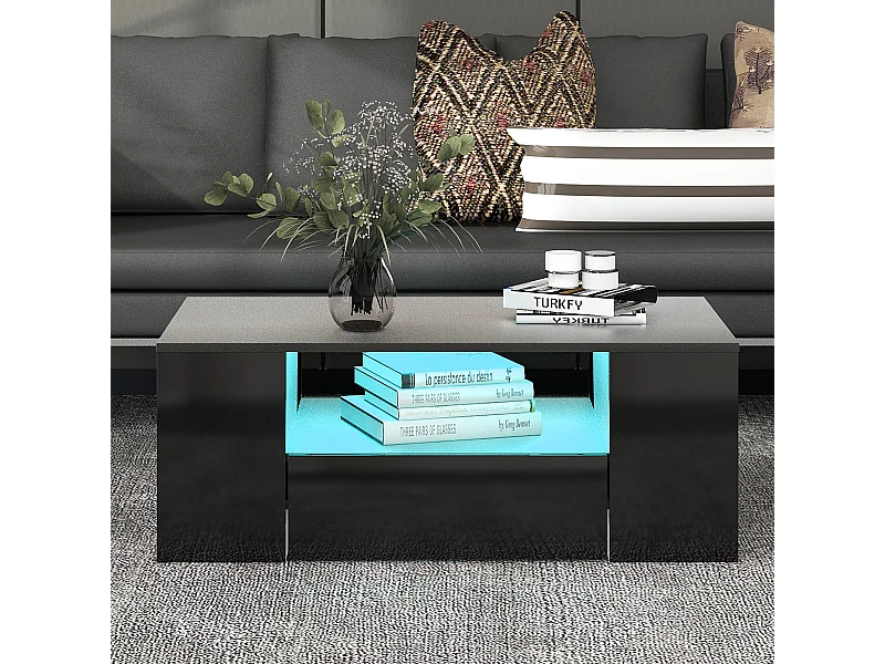 Table basse moderne avec tiroirs et étagères, LED, Noir laqué