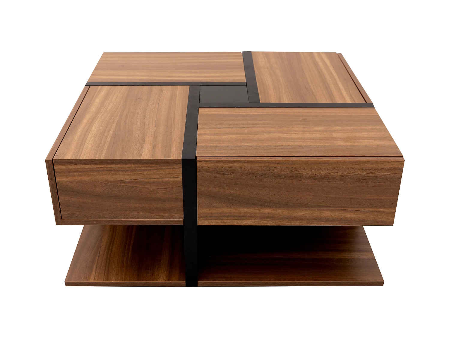 Table basse moderne avec 4 tiroirs ,woodgrain naturel foncé et noir, en forme de carré