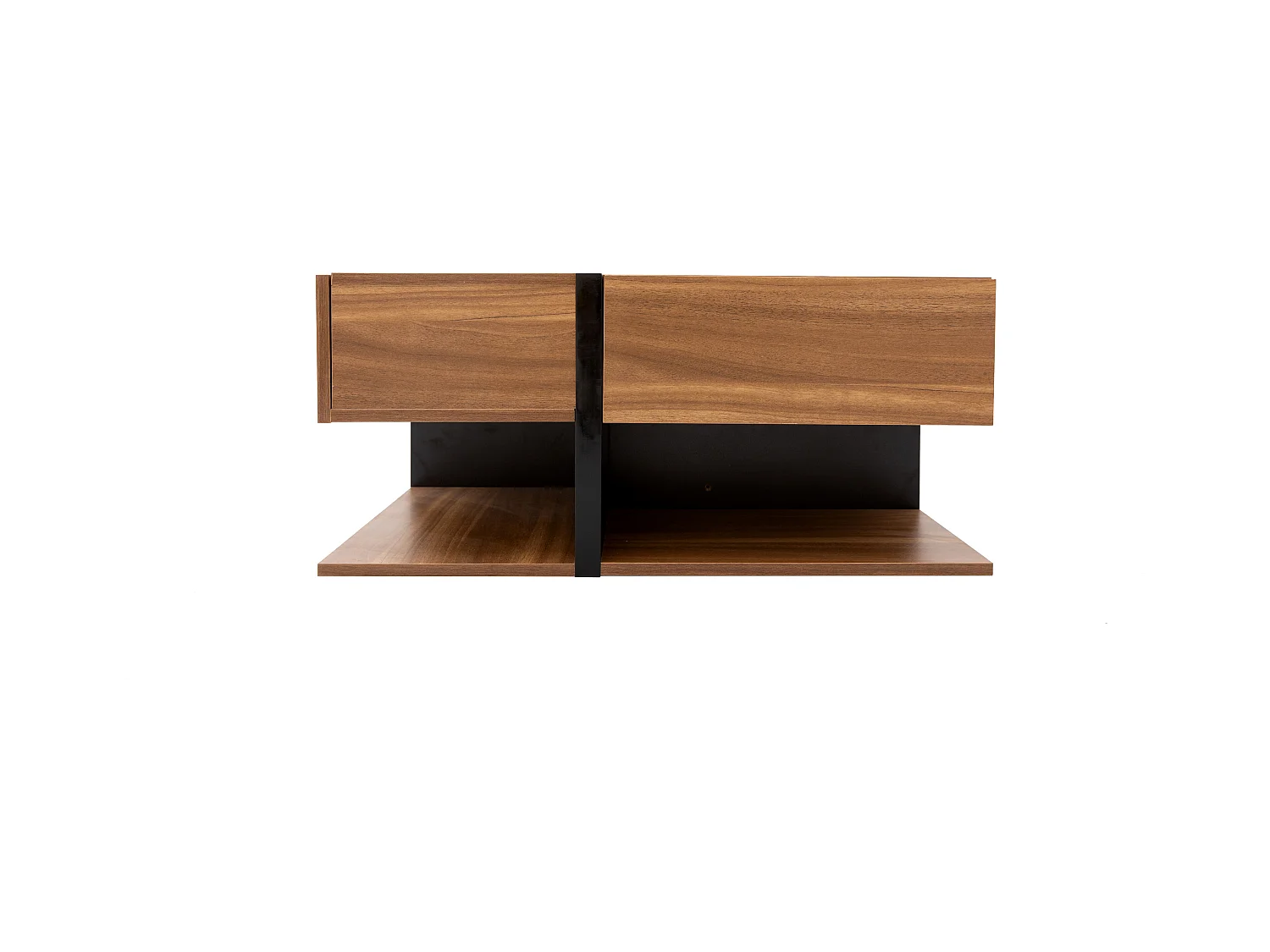 Table basse moderne avec 4 tiroirs ,woodgrain naturel foncé et noir, en forme de carré