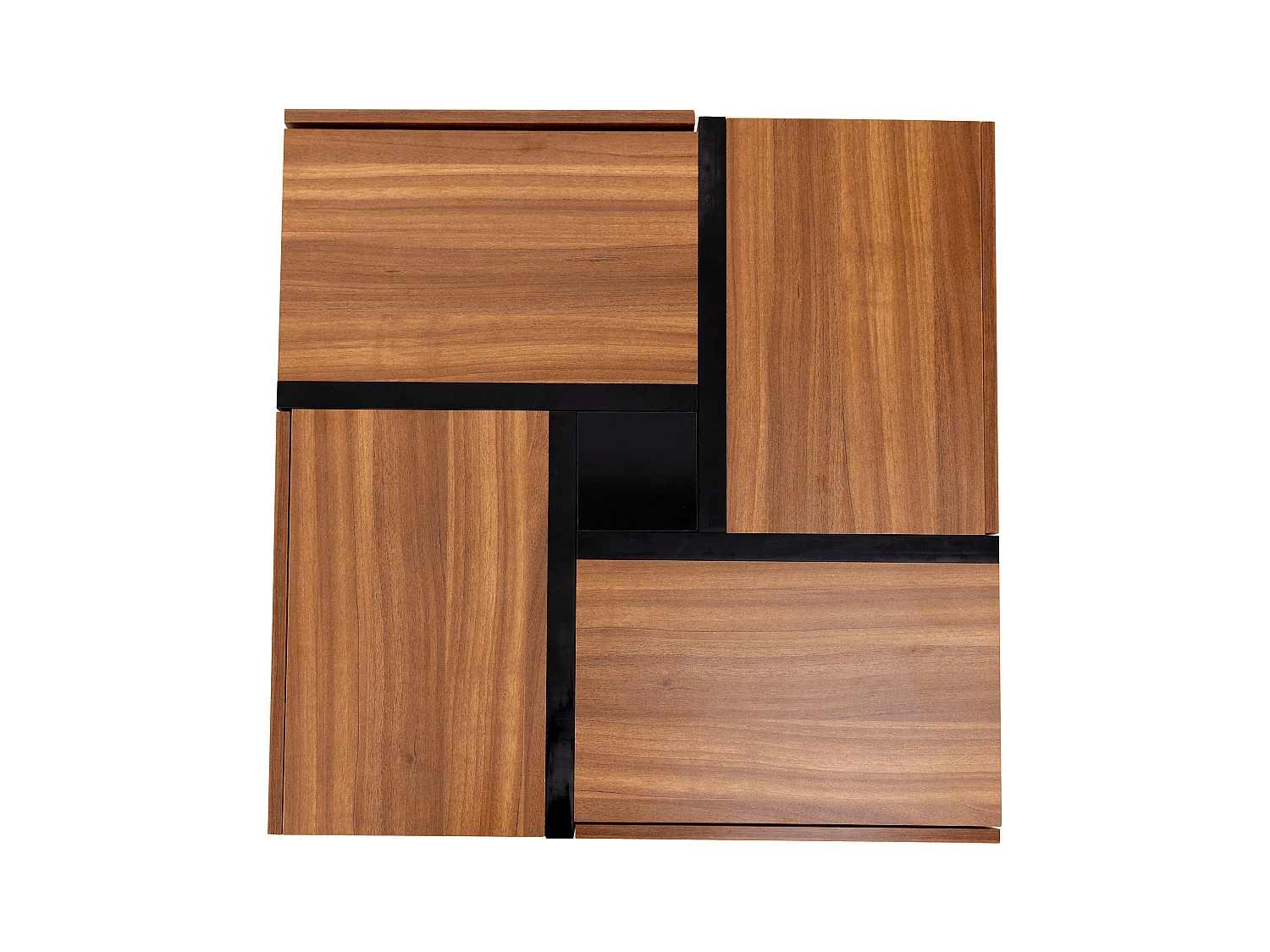 Table basse moderne avec 4 tiroirs ,woodgrain naturel foncé et noir, en forme de carré