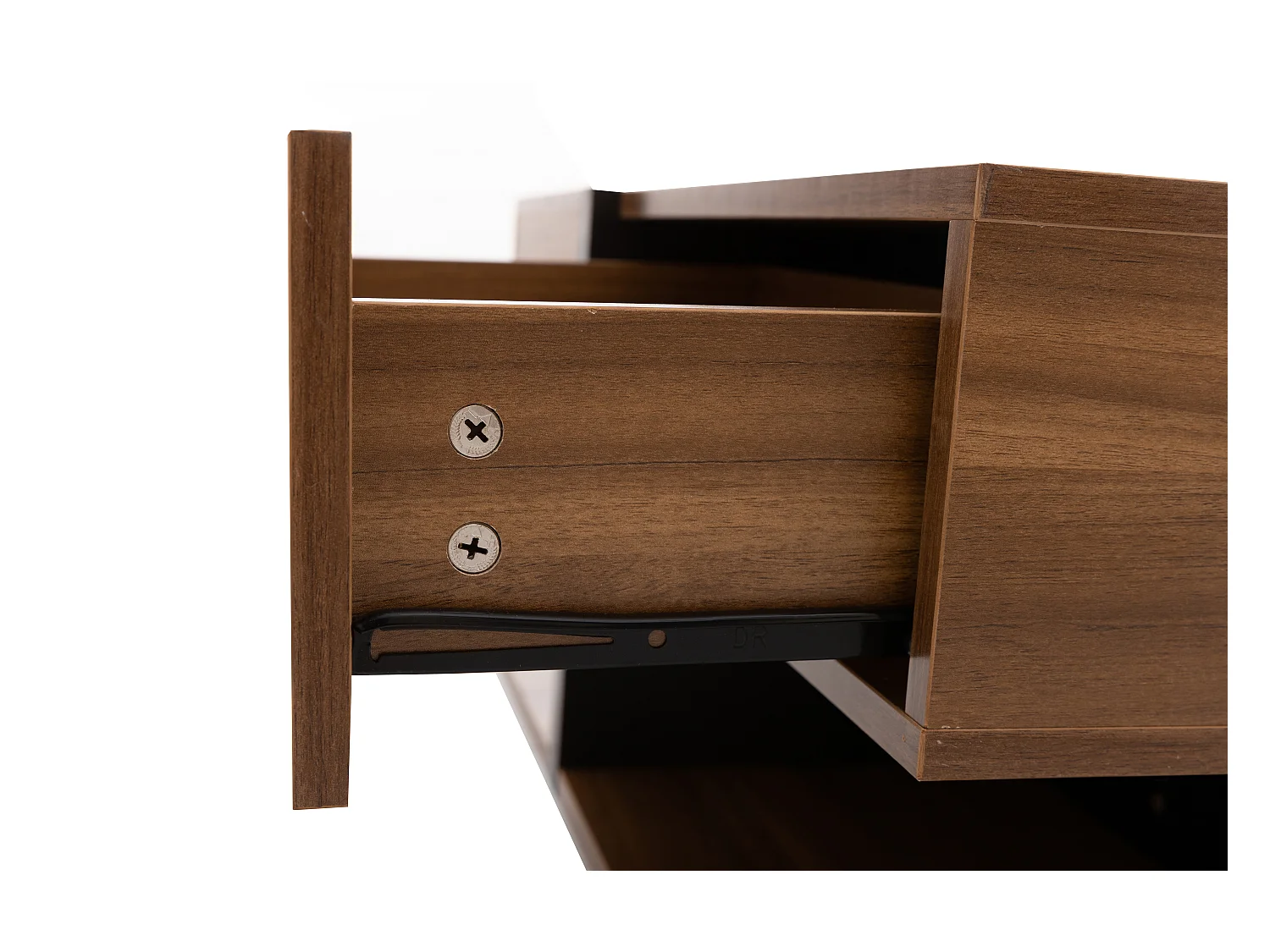 Table basse moderne avec 4 tiroirs ,woodgrain naturel foncé et noir, en forme de carré