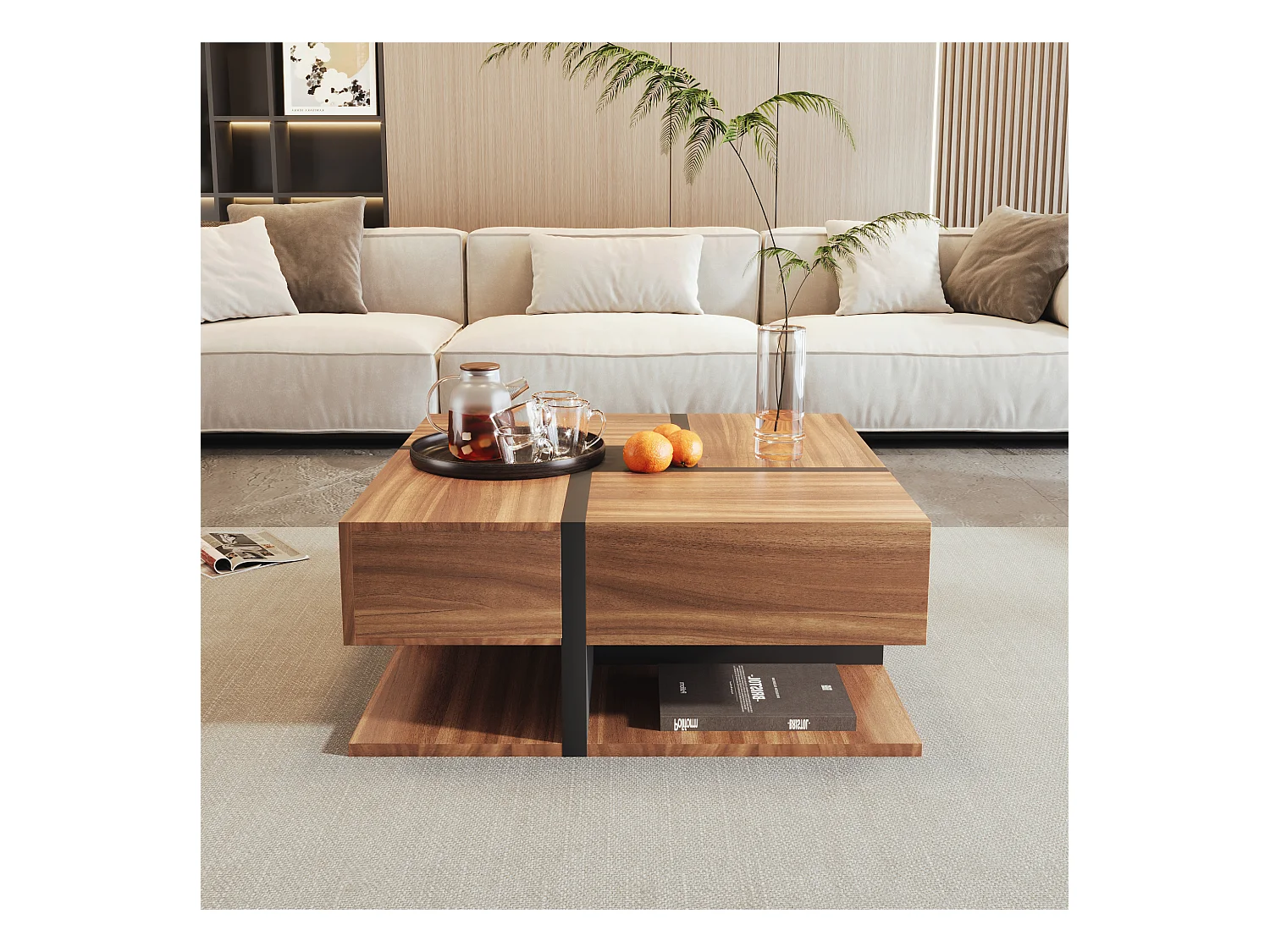 Table basse moderne avec 4 tiroirs ,woodgrain naturel foncé et noir, en forme de carré