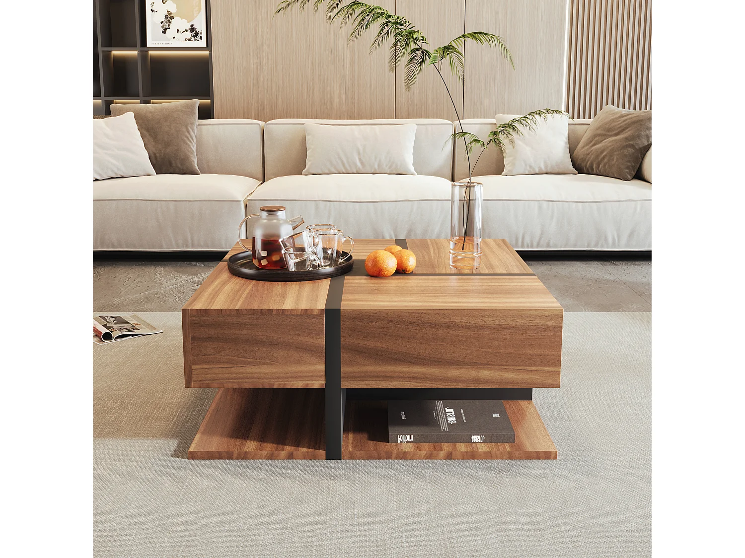 Table basse moderne avec 4 tiroirs ,woodgrain naturel foncé et noir, en forme de carré