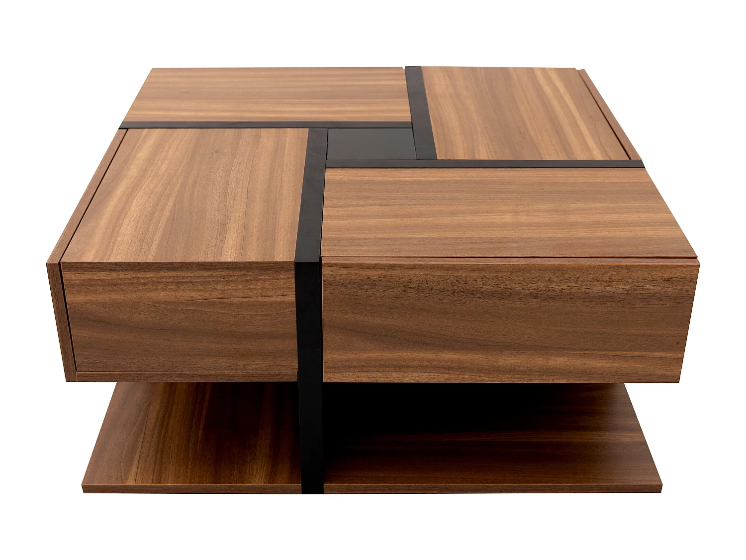 Table basse moderne avec 4 tiroirs ,woodgrain naturel foncé et noir, en forme de carré