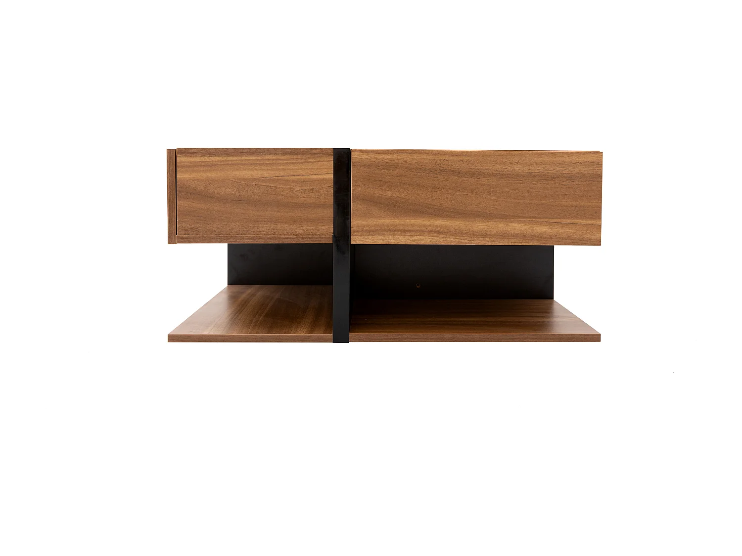 Table basse moderne avec 4 tiroirs ,woodgrain naturel foncé et noir, en forme de carré