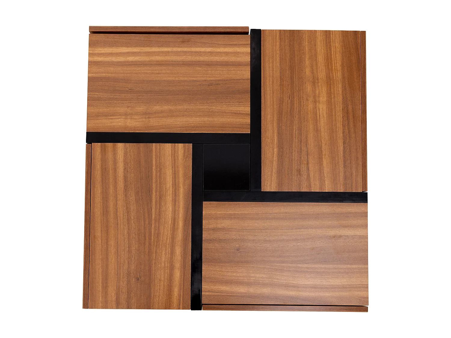 Table basse moderne avec 4 tiroirs ,woodgrain naturel foncé et noir, en forme de carré