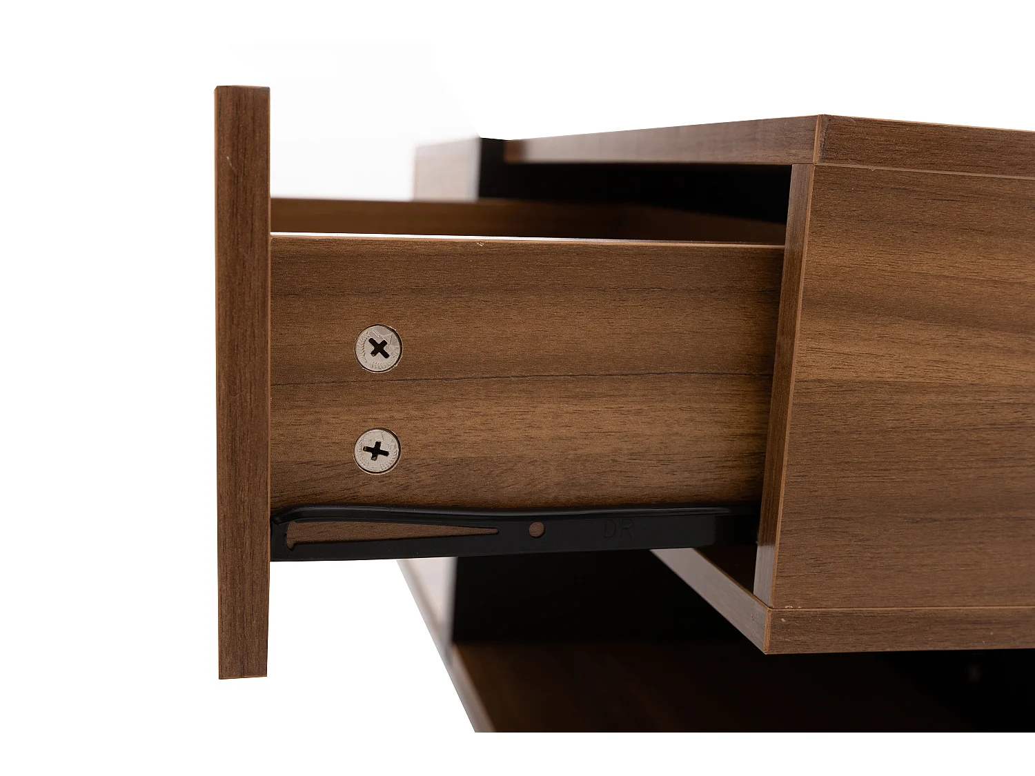 Table basse moderne avec 4 tiroirs ,woodgrain naturel foncé et noir, en forme de carré