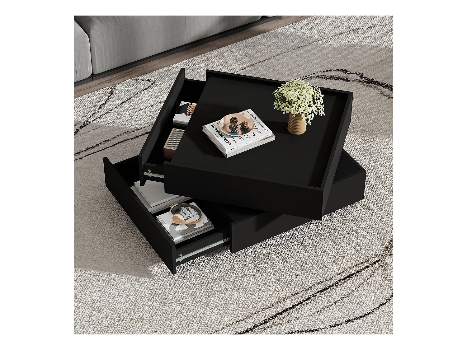 Table basse carré pivotante avec 2 tiroirs, noir