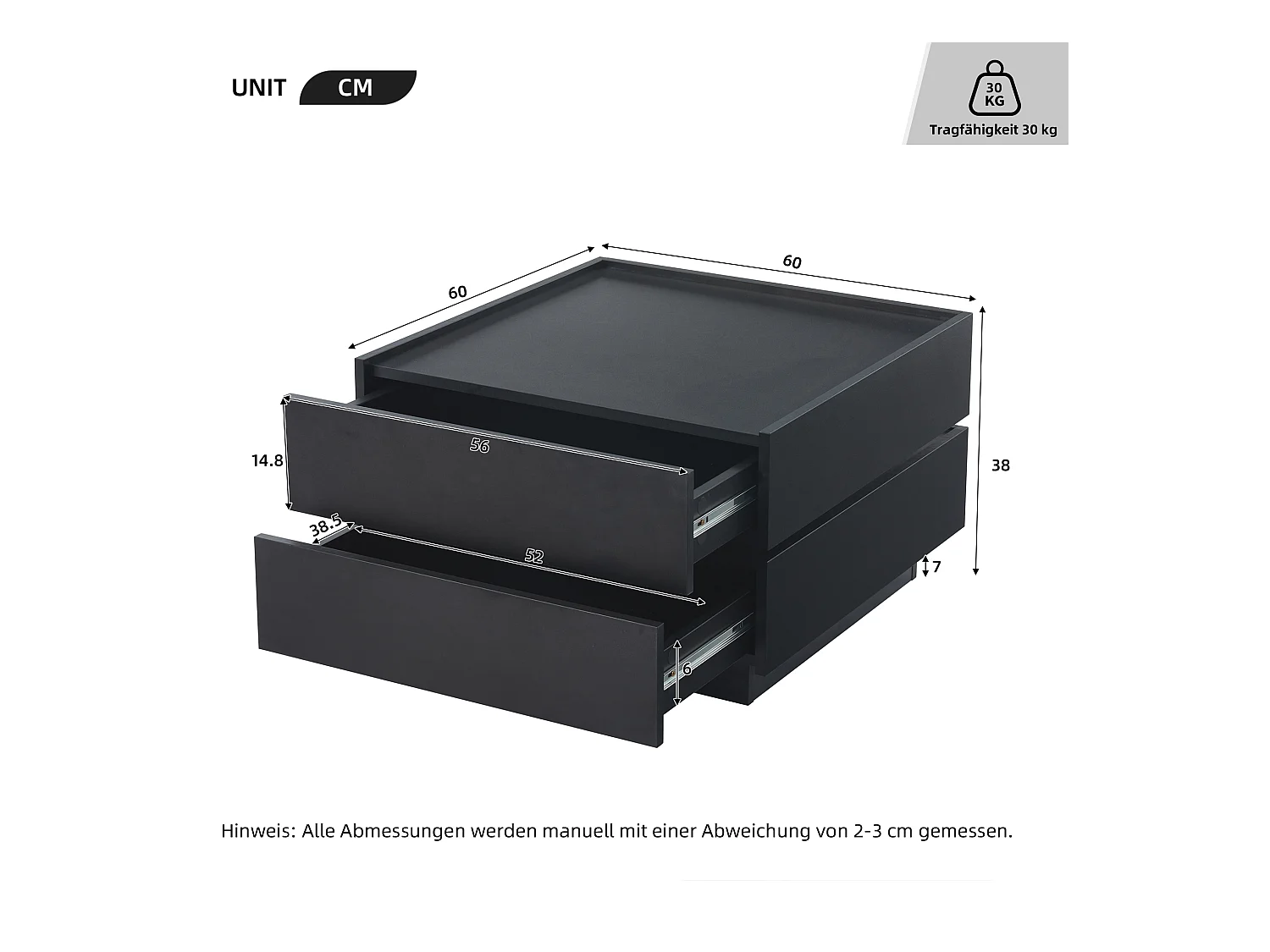 Table basse carré pivotante avec 2 tiroirs, noir