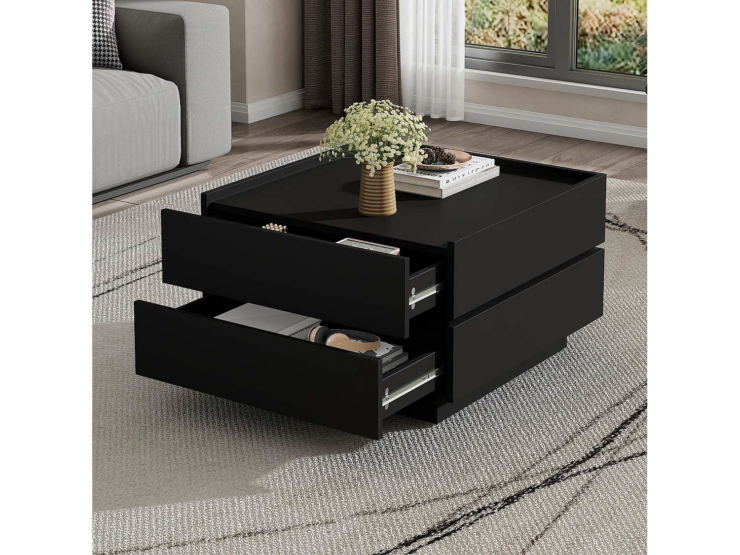 Table basse carré pivotante avec 2 tiroirs, noir